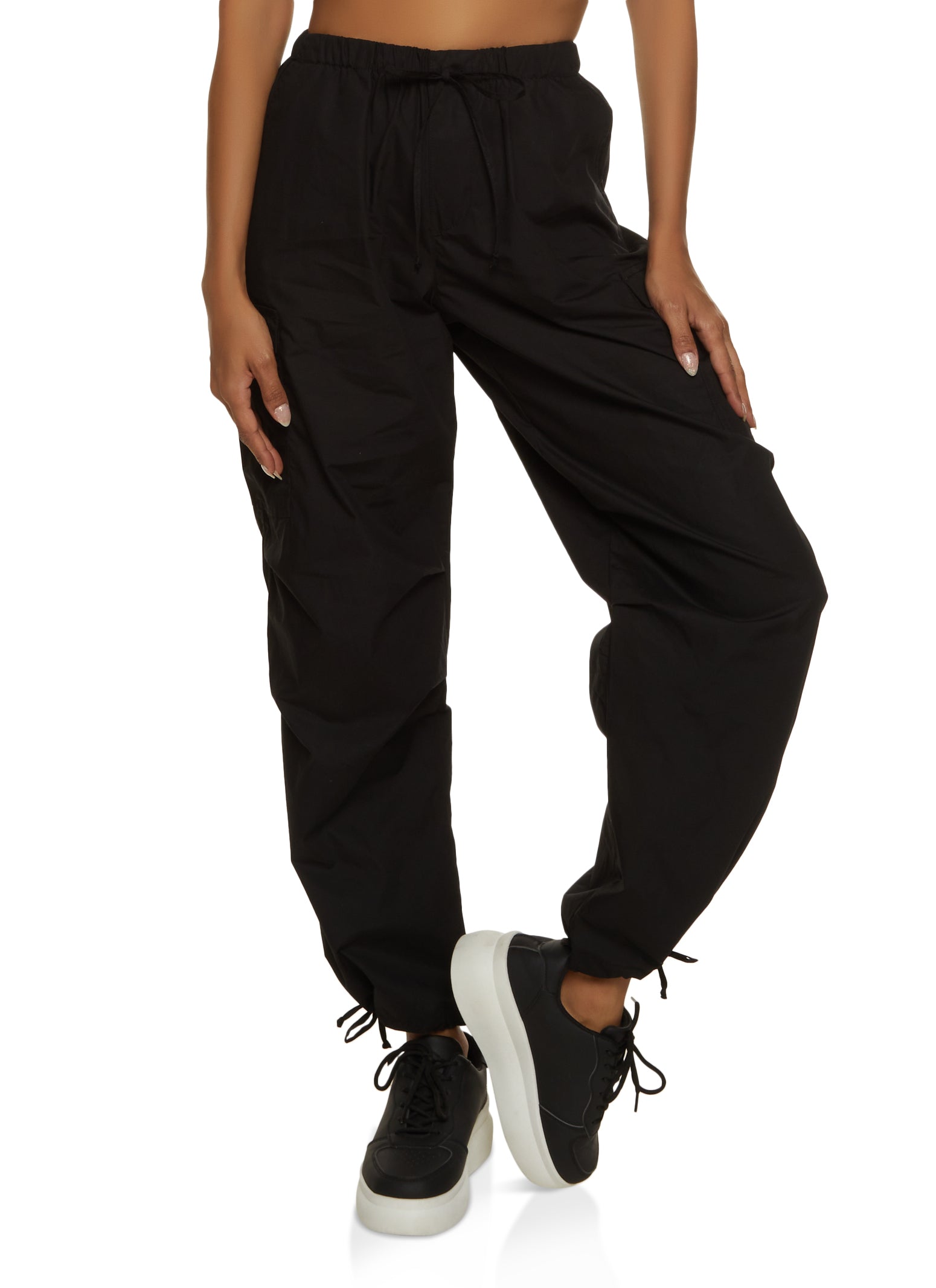 Nylon Drawstring Cargo Pants - Black