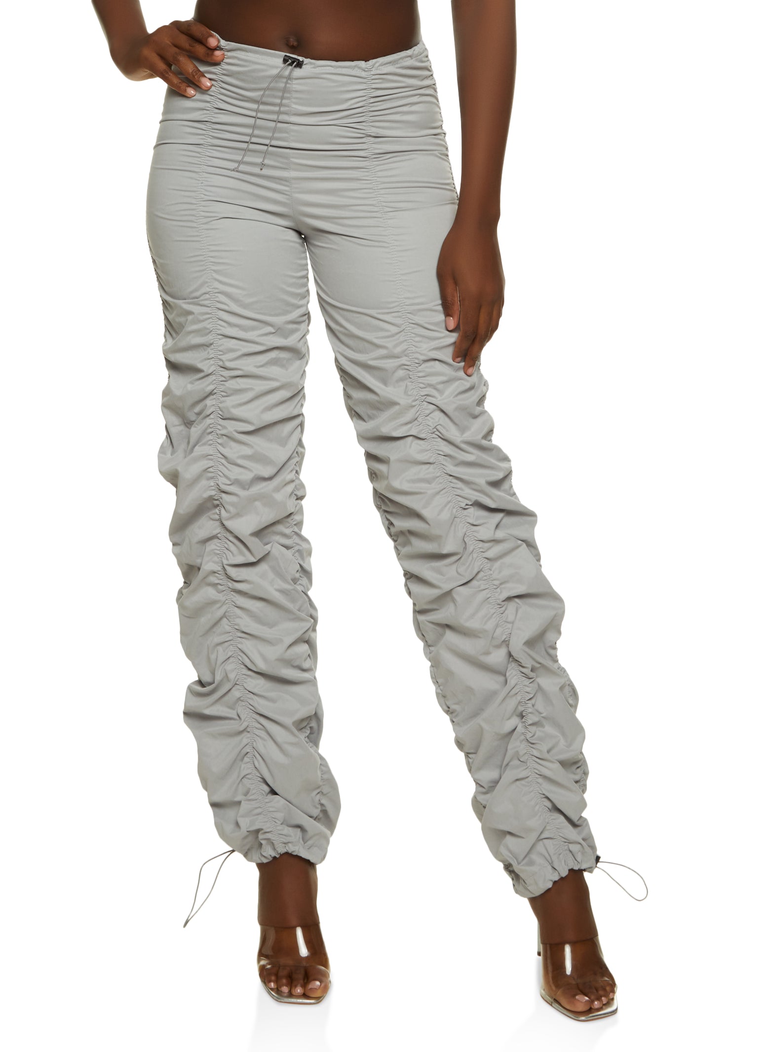 Nylon Ruched Drawstring Parachute Pants - White