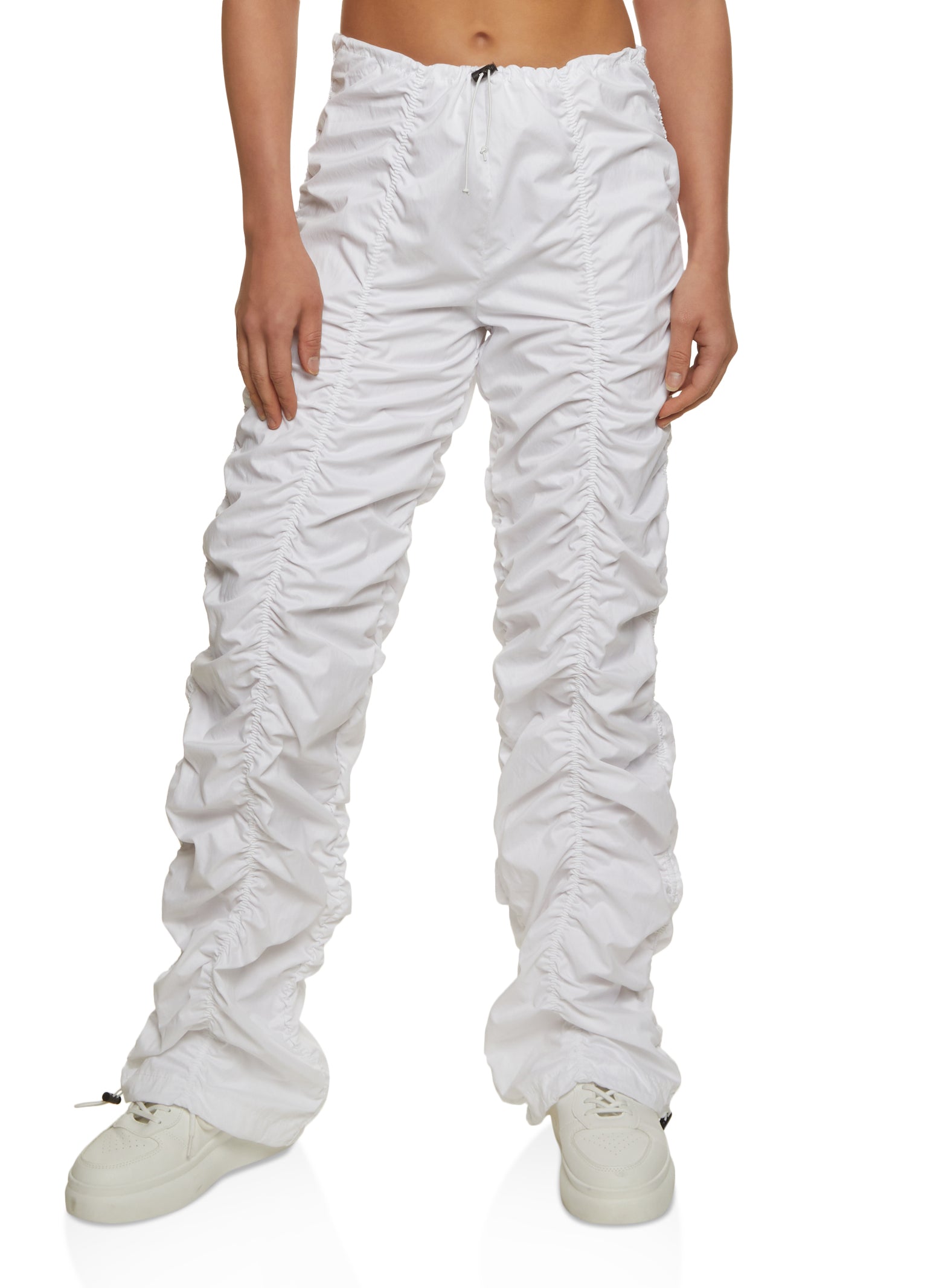 Nylon Ruched Drawstring Parachute Pants - White