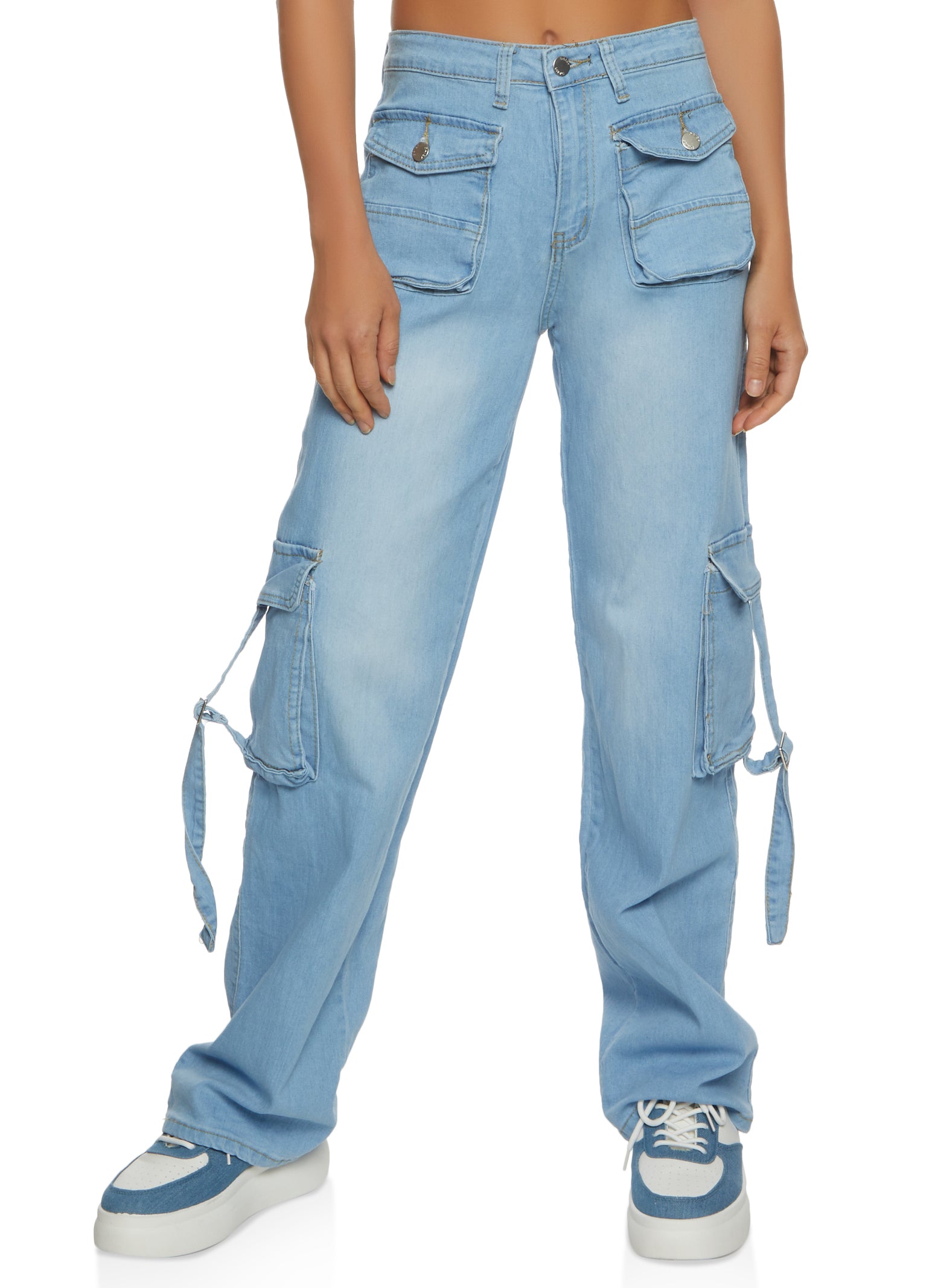 High Waist Ripped Eyelet Buckled Detail Skinny Jeans Womens Jeans (Color :  Medium Wash, Size : L.)