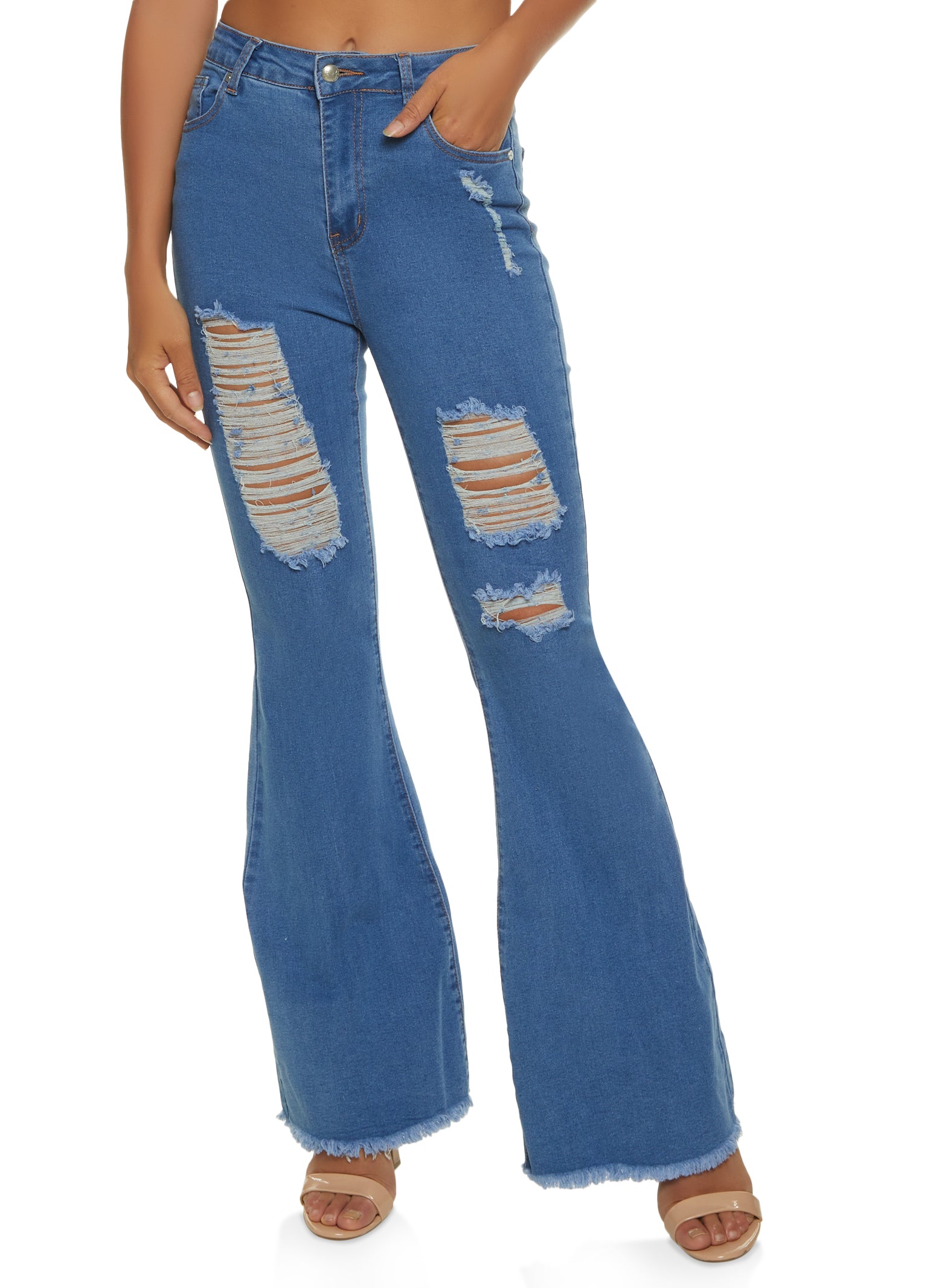 High Waist Distressed Frayed Flared Jeans