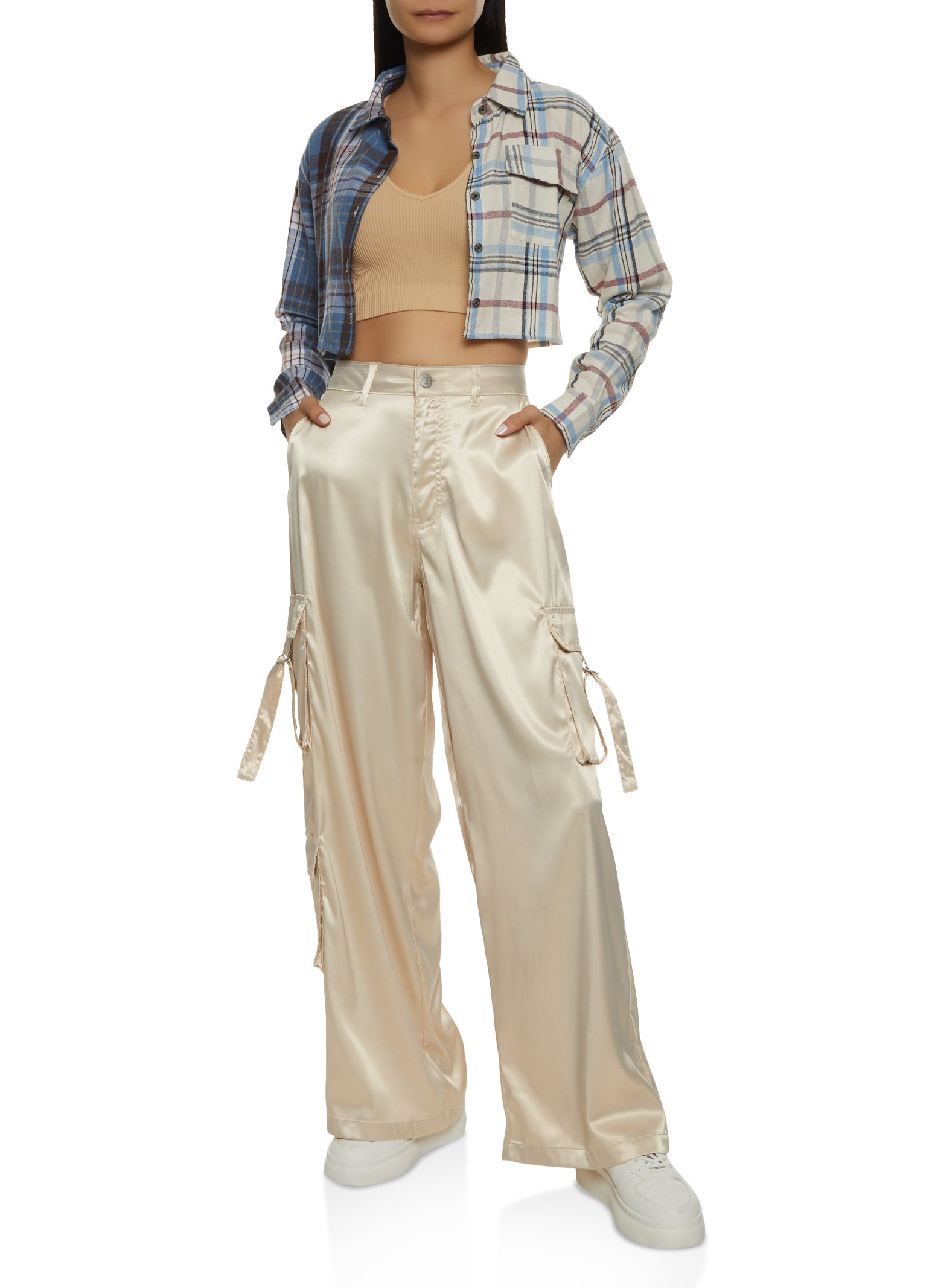 Wide Leg Satin Cargo Pants