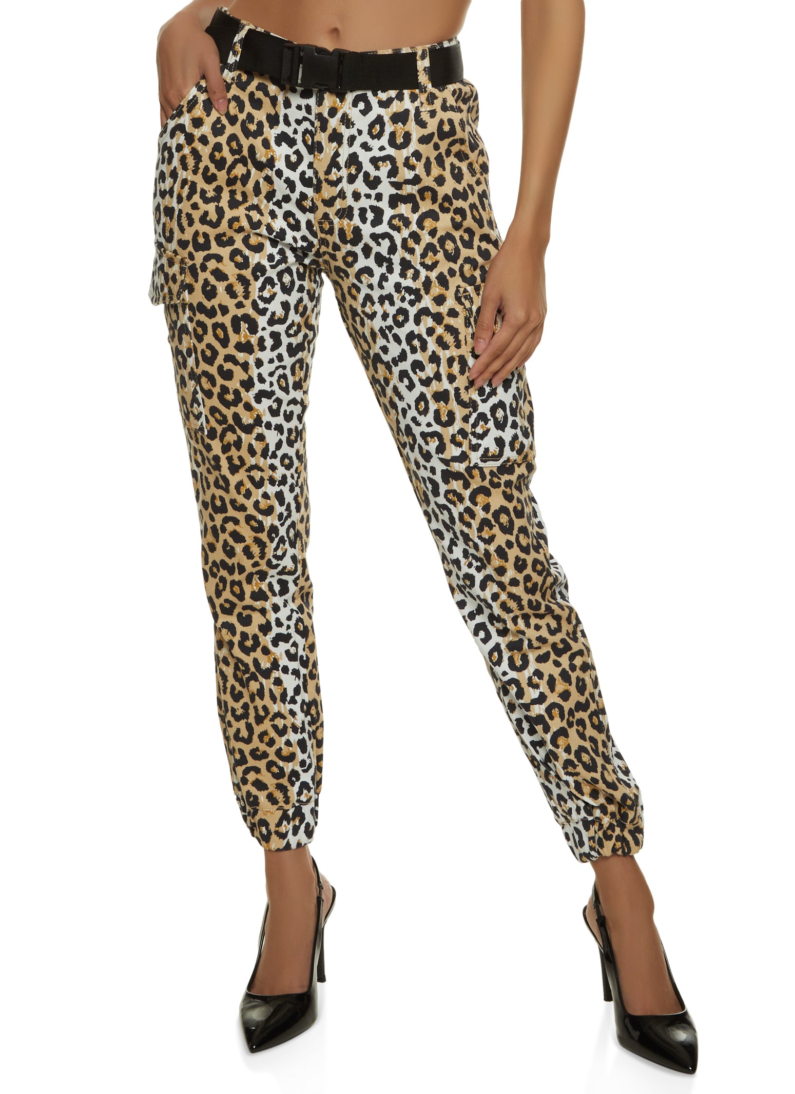 Almost Famous Leopard Belted Cargo Denim Joggers
