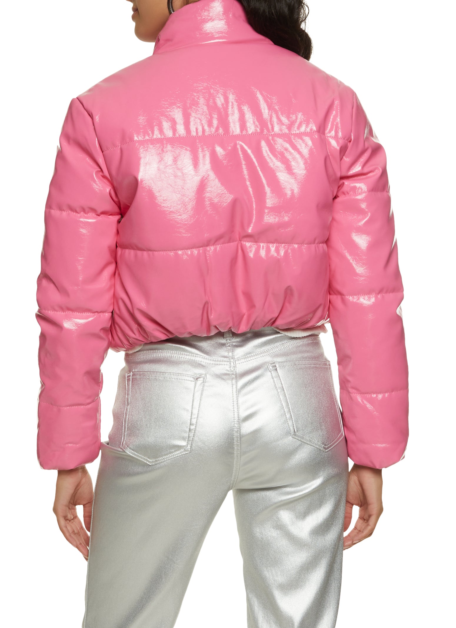 Pink patent hotsell leather puffer jacket
