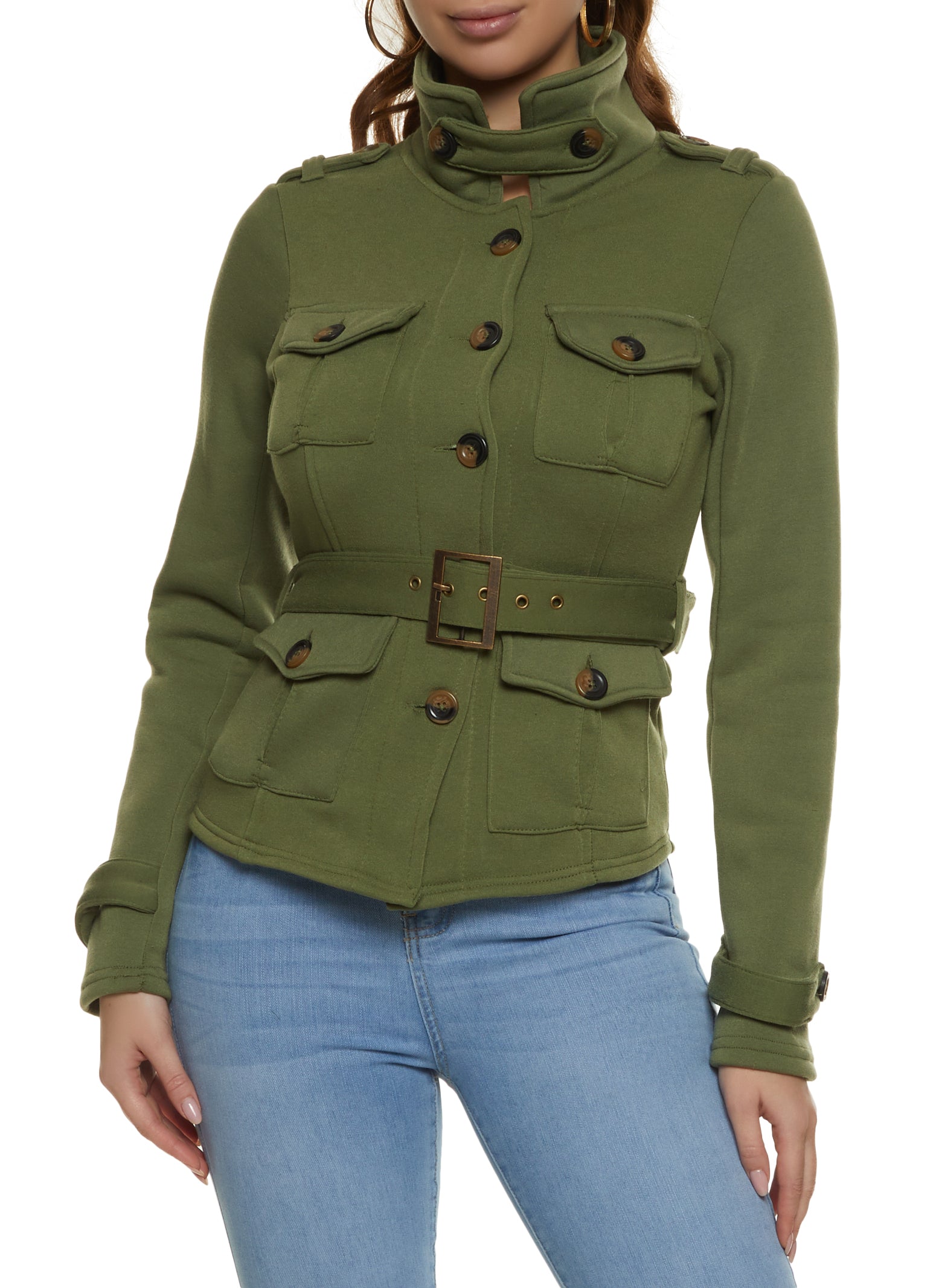 Button Front Belted Military Jacket