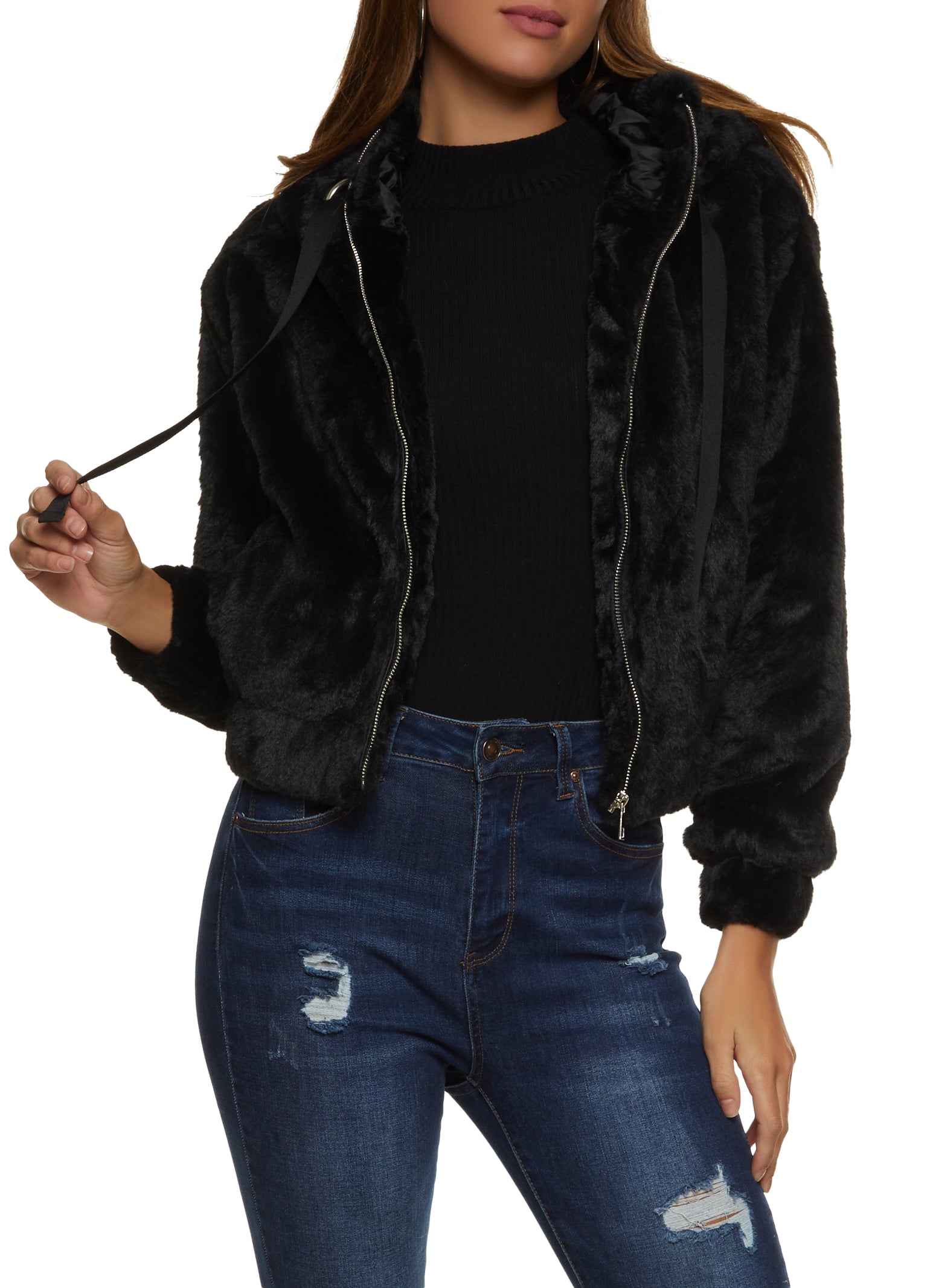 Faux Fur Zip Front Hooded Bomber Jacket