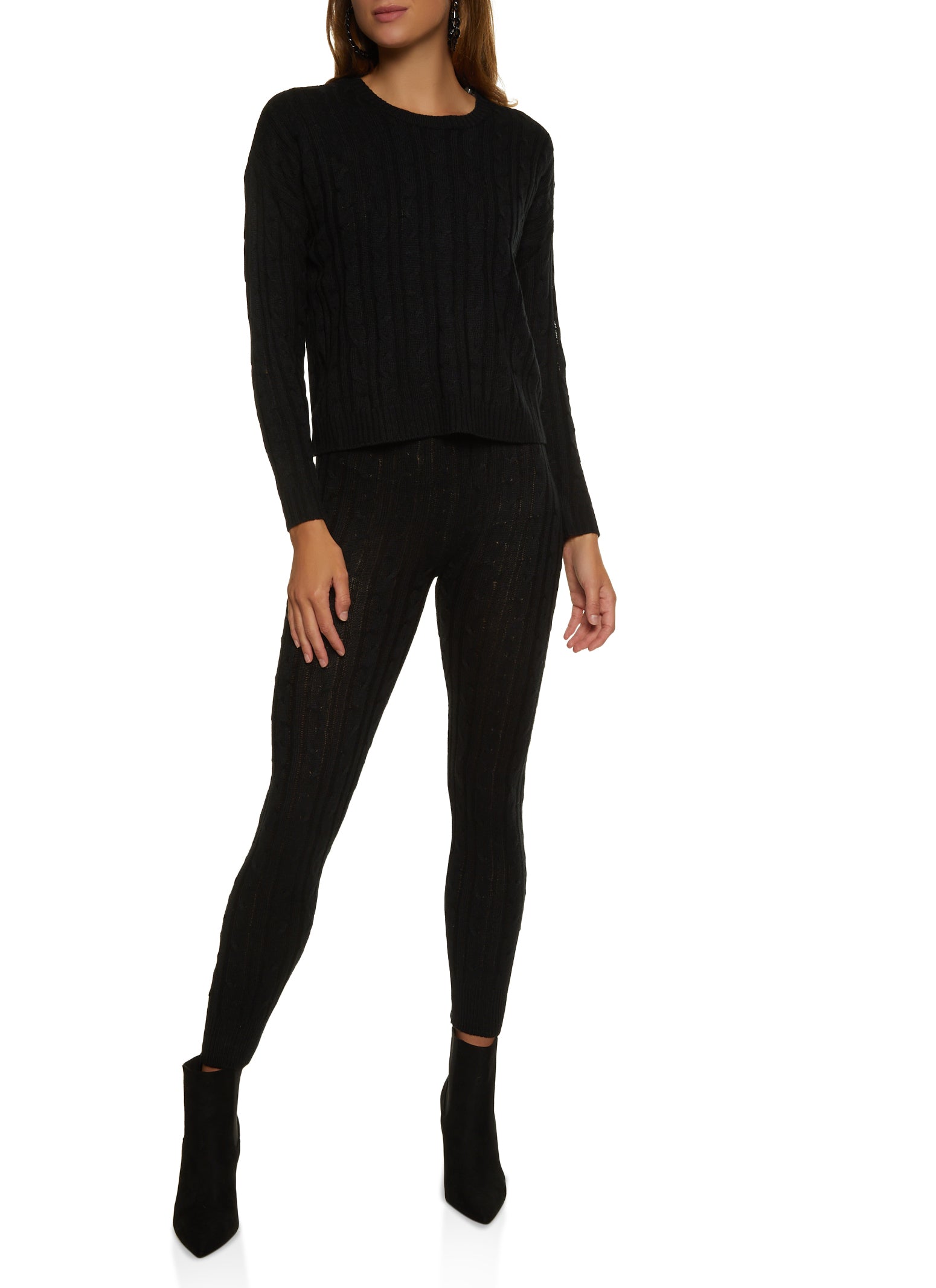 Cable Knit Crew Neck Sweater and Leggings Set - Black