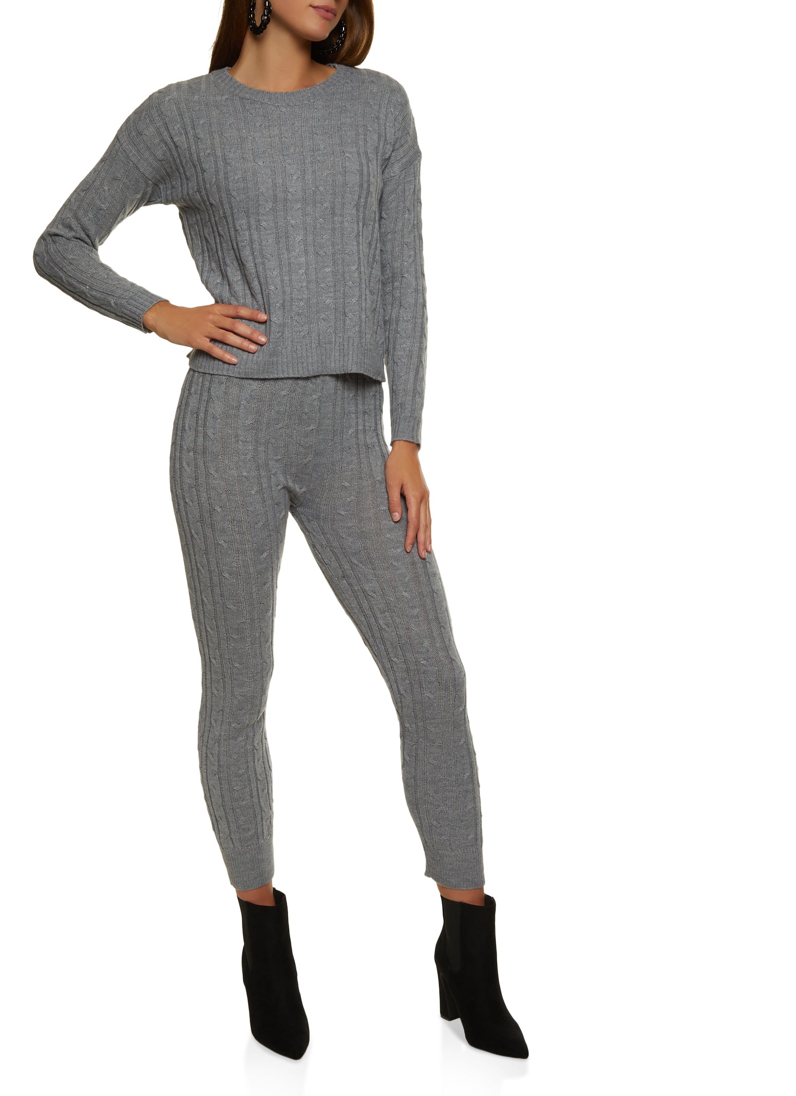 Cable Knit Crew Neck Sweater and Leggings Set