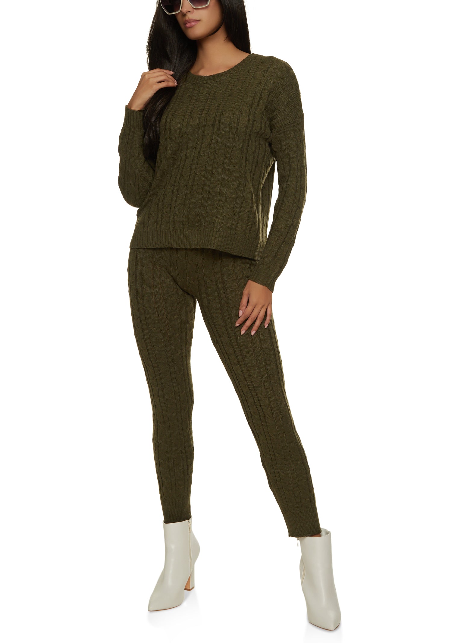 Cable Knit Crew Neck Sweater and Leggings Set - Olive