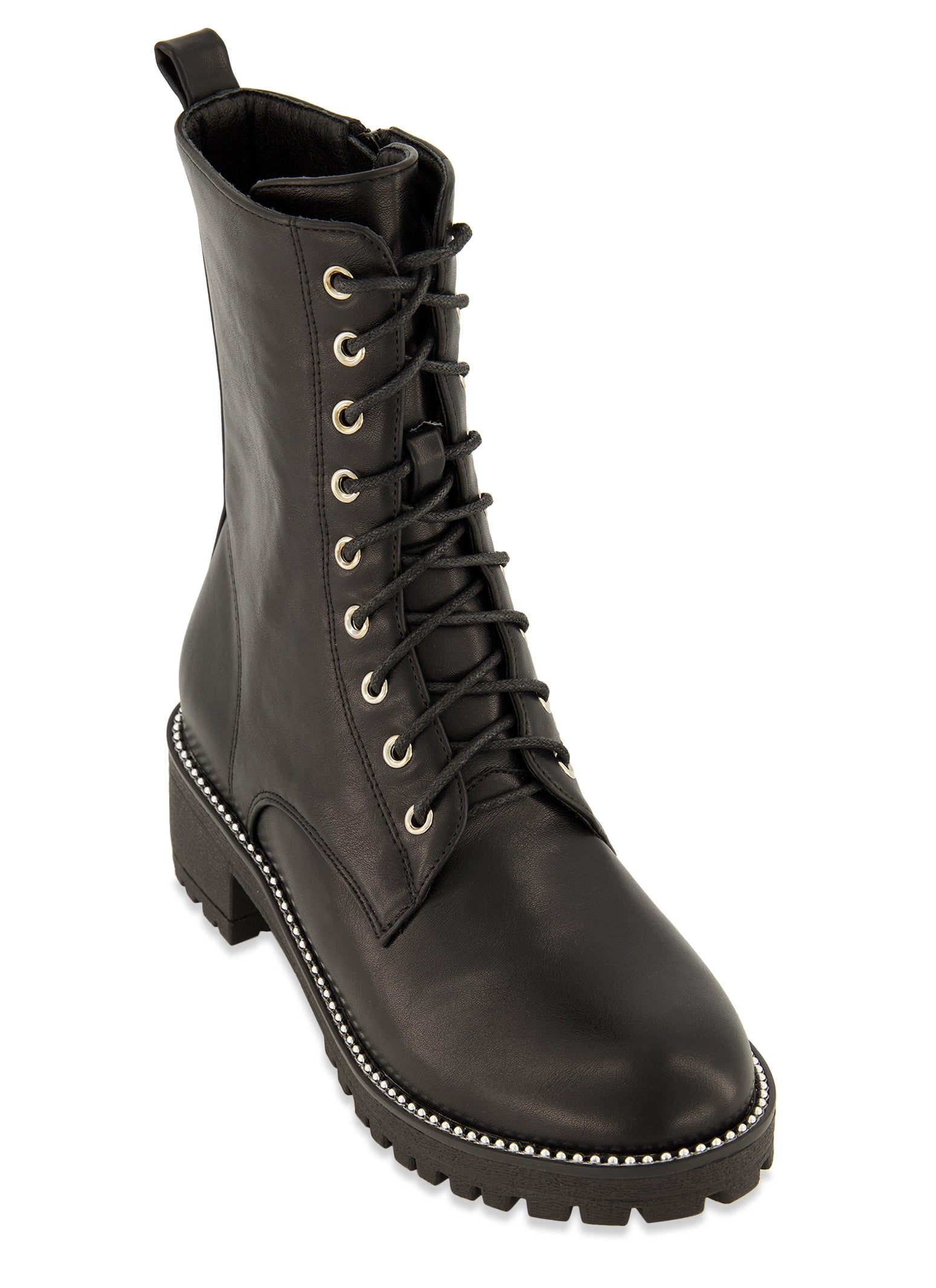 Studded Trim Lace Up Combat Boots - Black
