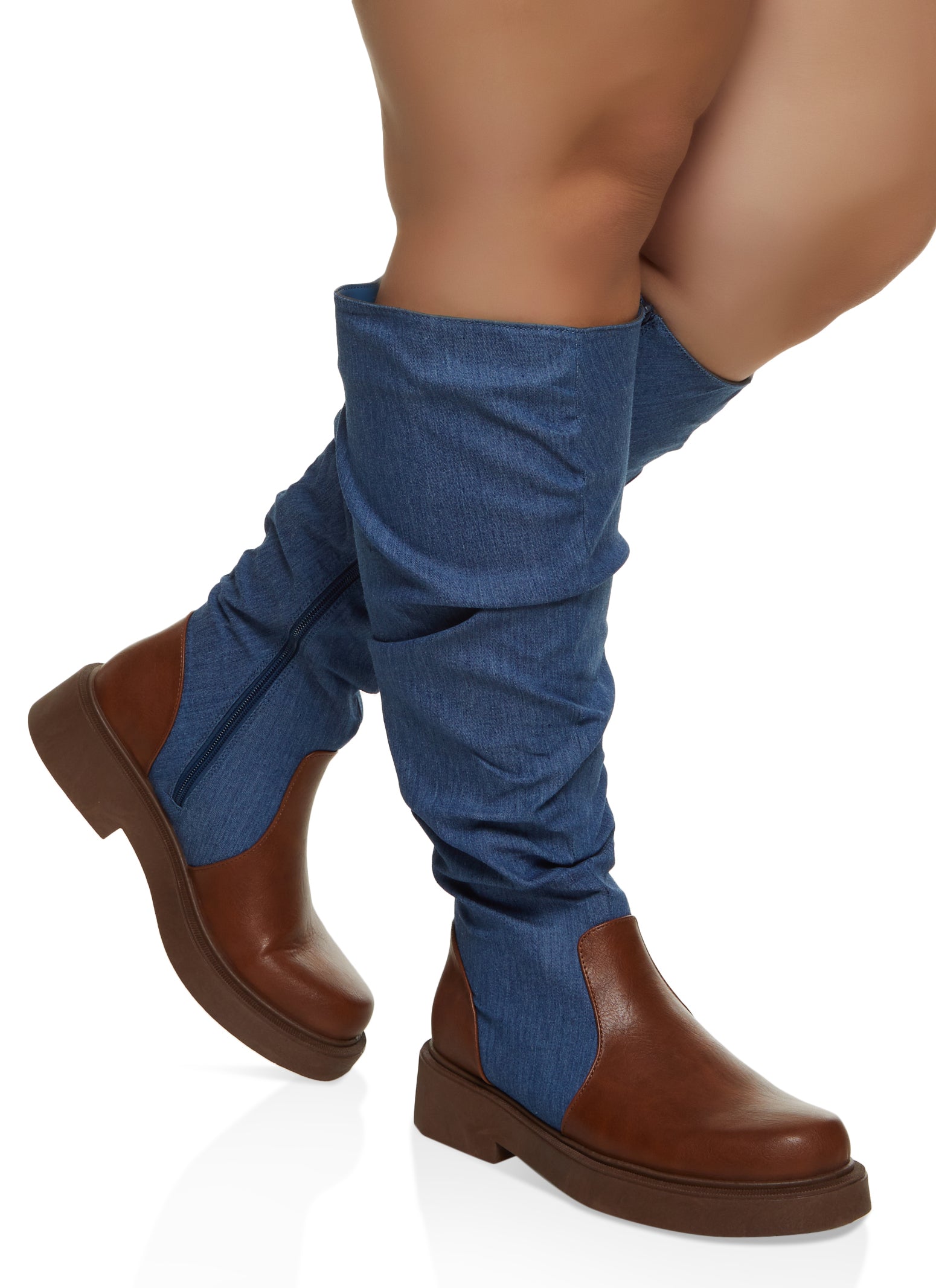 Round Toe Ruched Wide Calf Boots - Denim