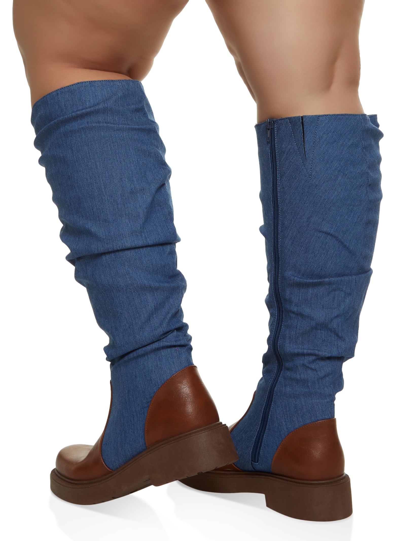 Round Toe Ruched Wide Calf Boots - Denim