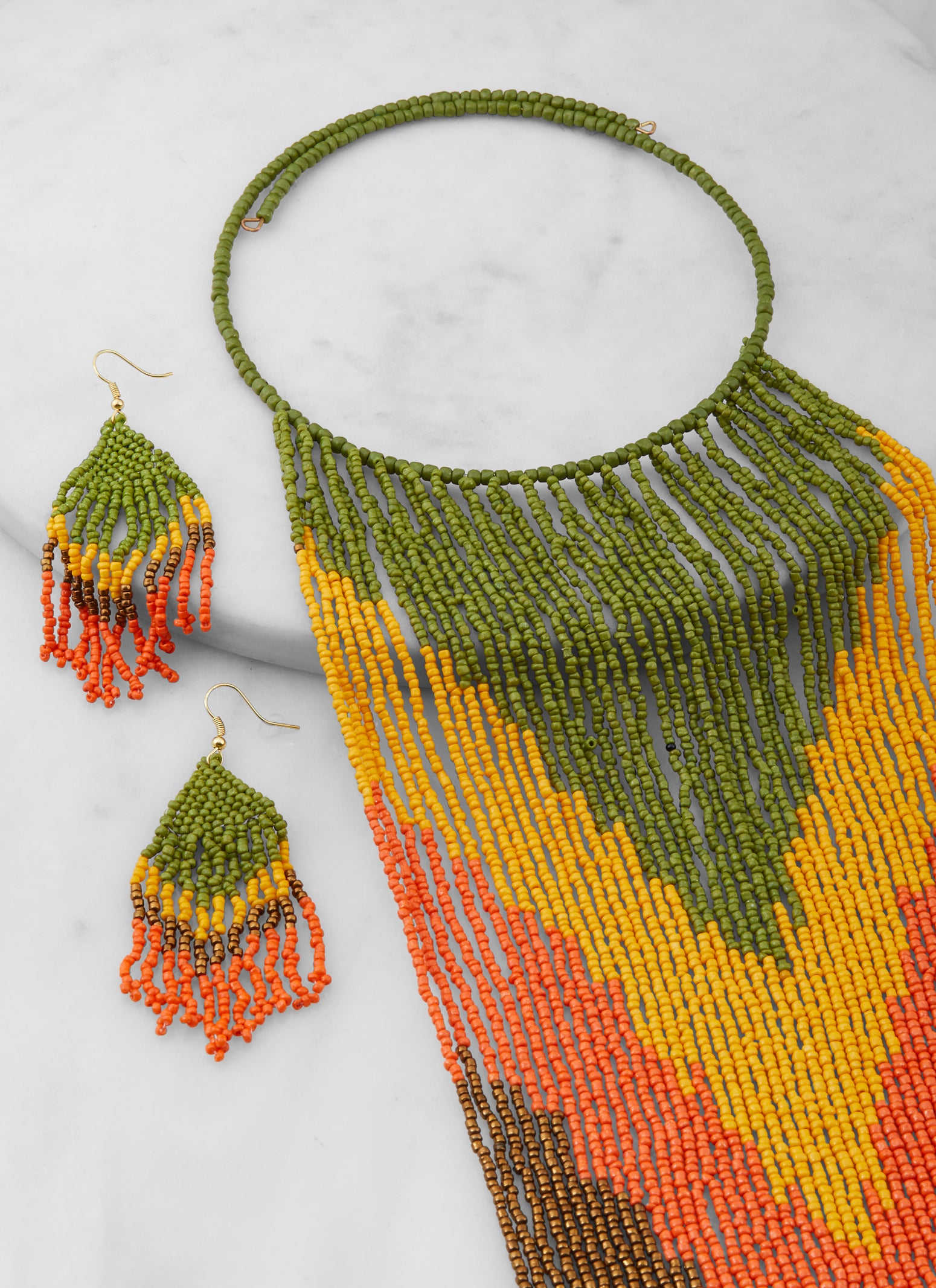 Chevron Beaded Fringe Necklace and Drop Earrings