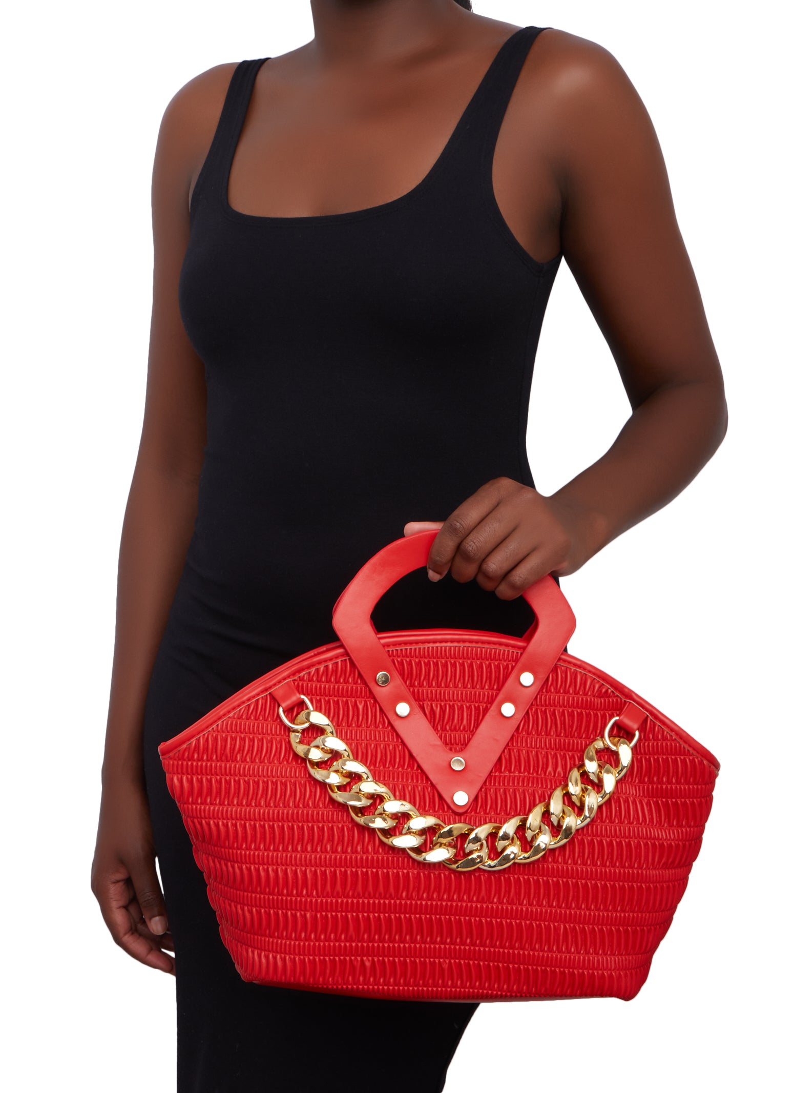 Textured Faux Leather Chain Link Handbag