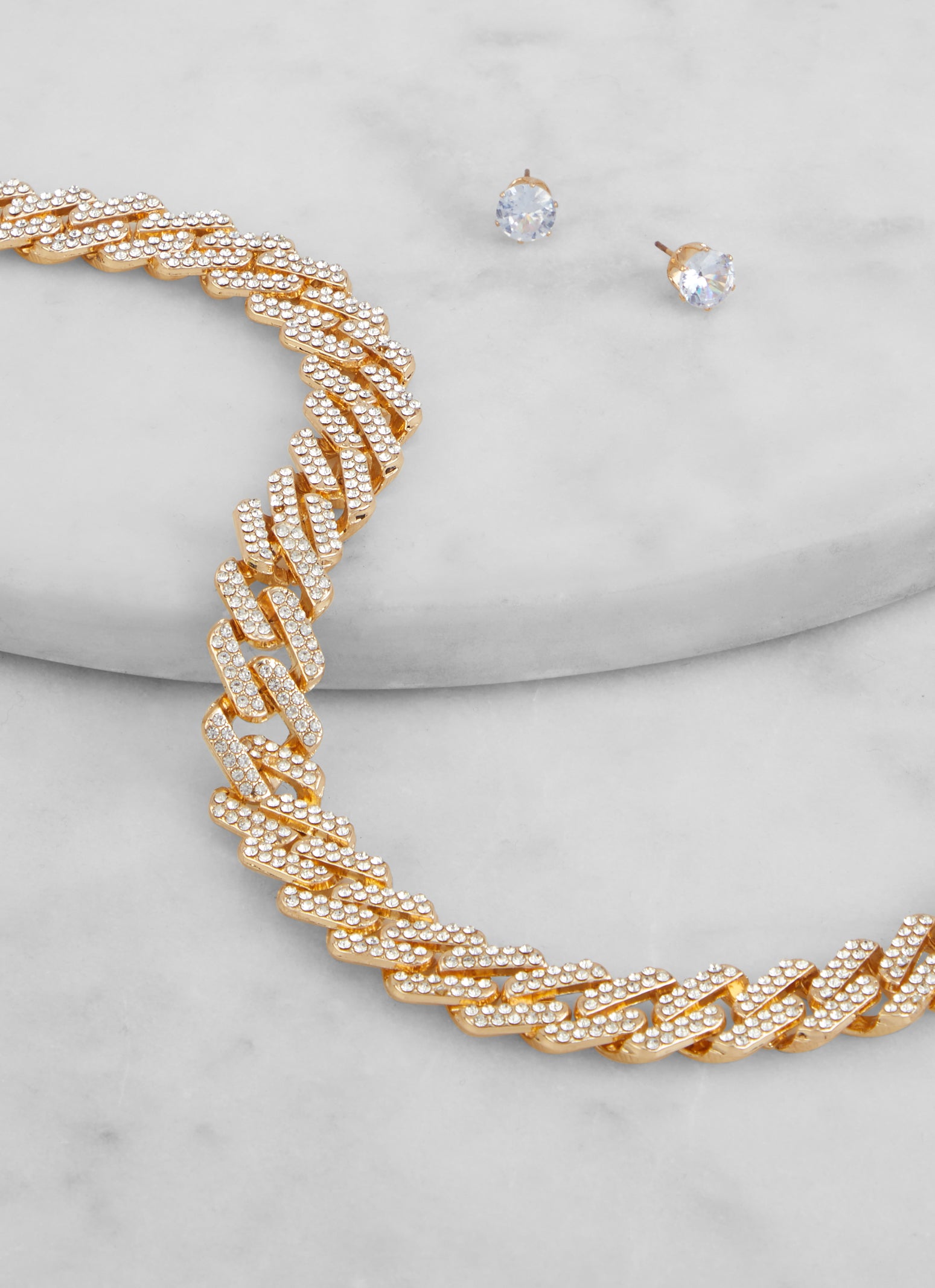 Rhinestone Cuban Link Chain Necklace and Stud Earrings