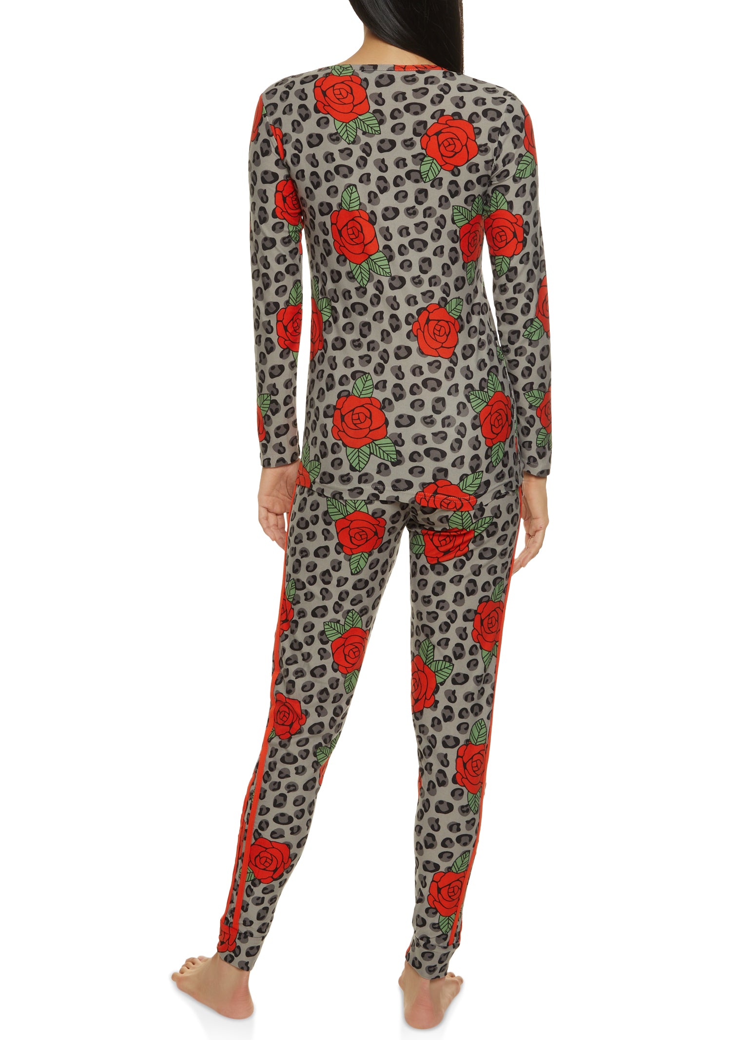 Leopard Floral Print Long Sleeve Pajama Top and Pants