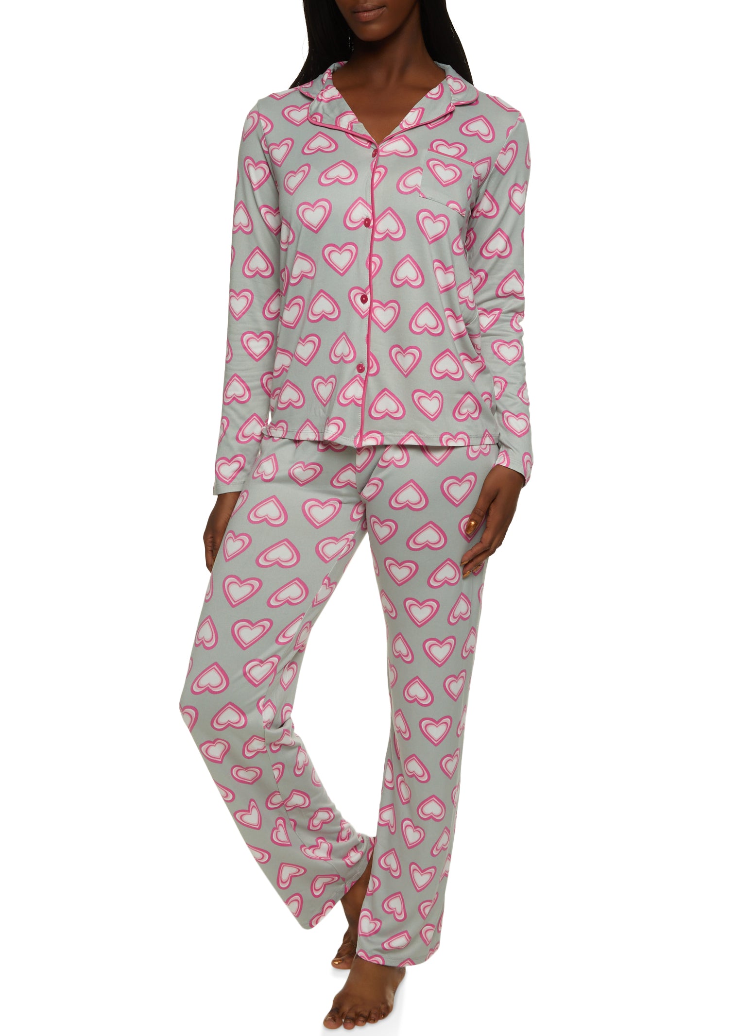 Heart Patterned Notch Collar Pajama Top and Pants