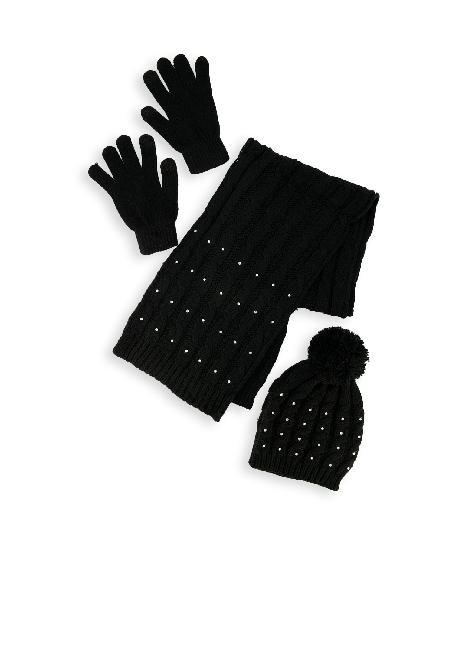 Rhinestone Cable Knit Scarf with Beanie and Gloves