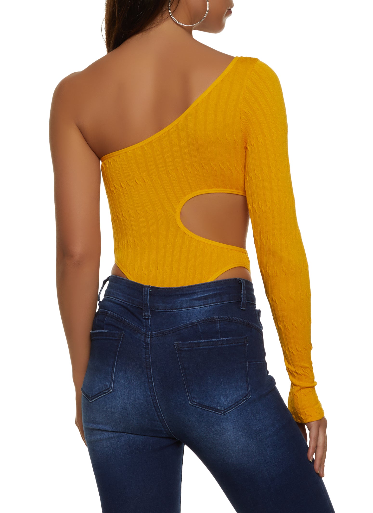 Textured Knit One Shoulder High Cut Bodysuit - Yellow