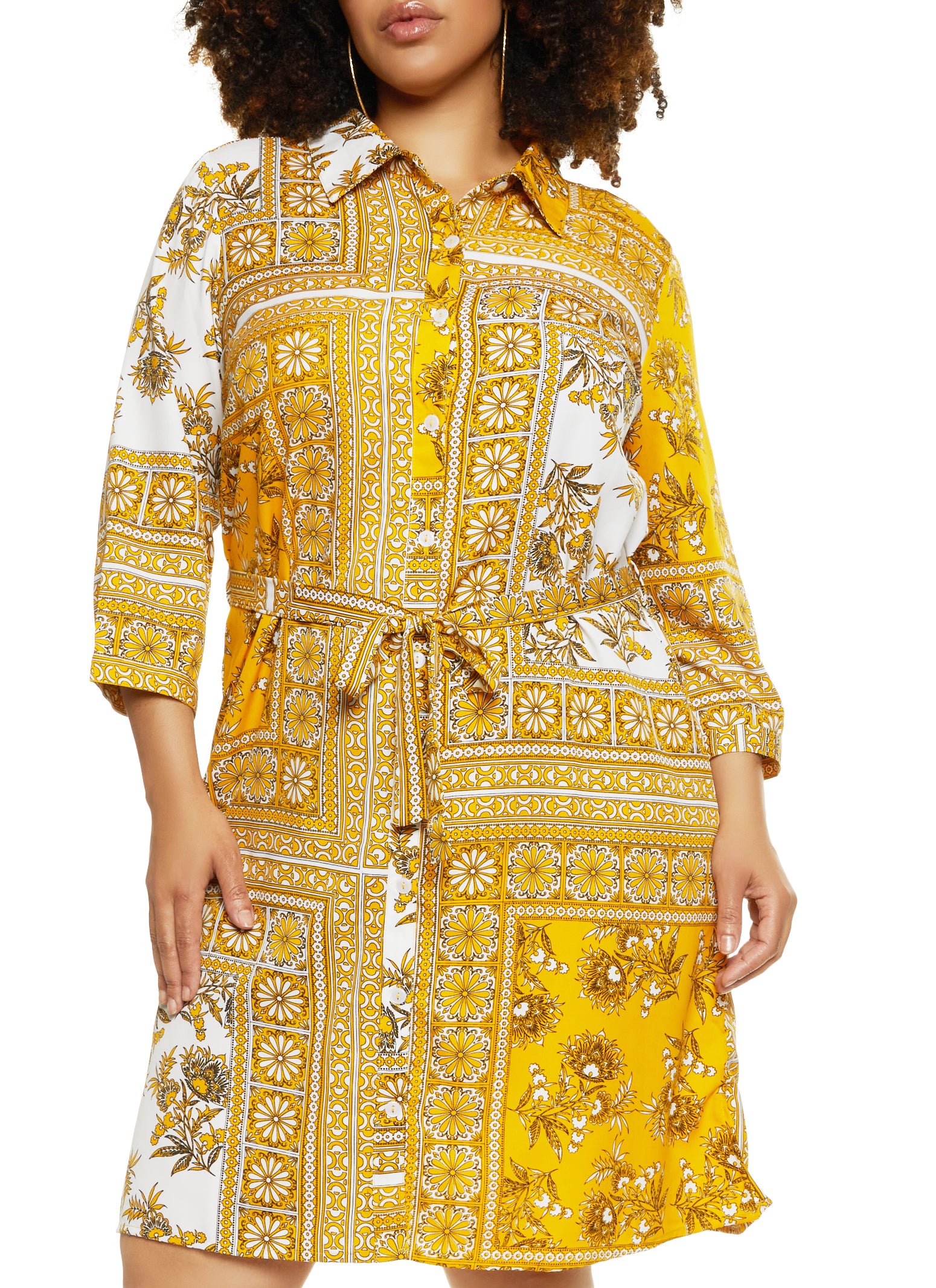 Plus Size Scarf Print Tie Waist Shirt Dress