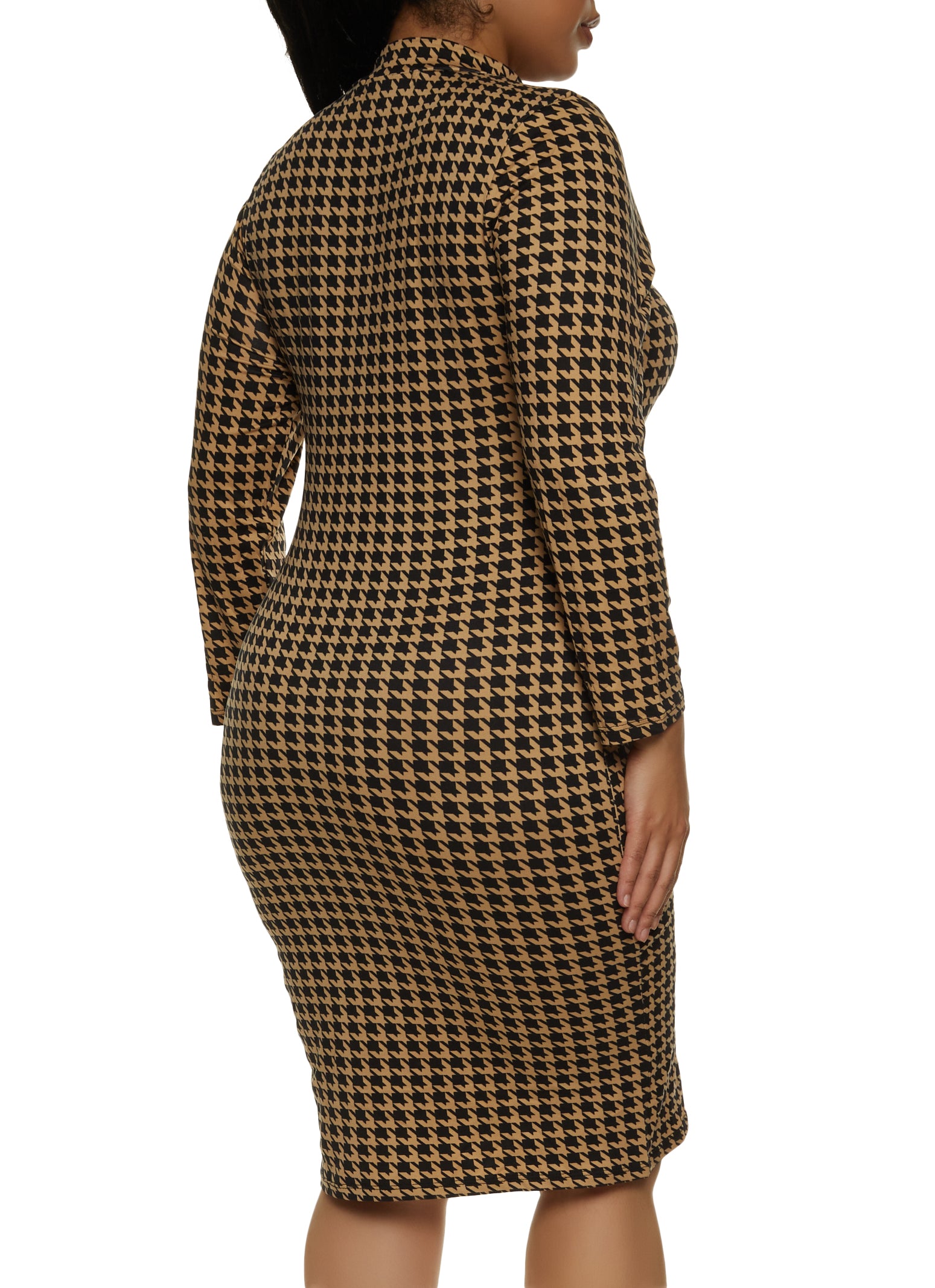 Plus Size Houndstooth Long Sleeve Bodycon Dress
