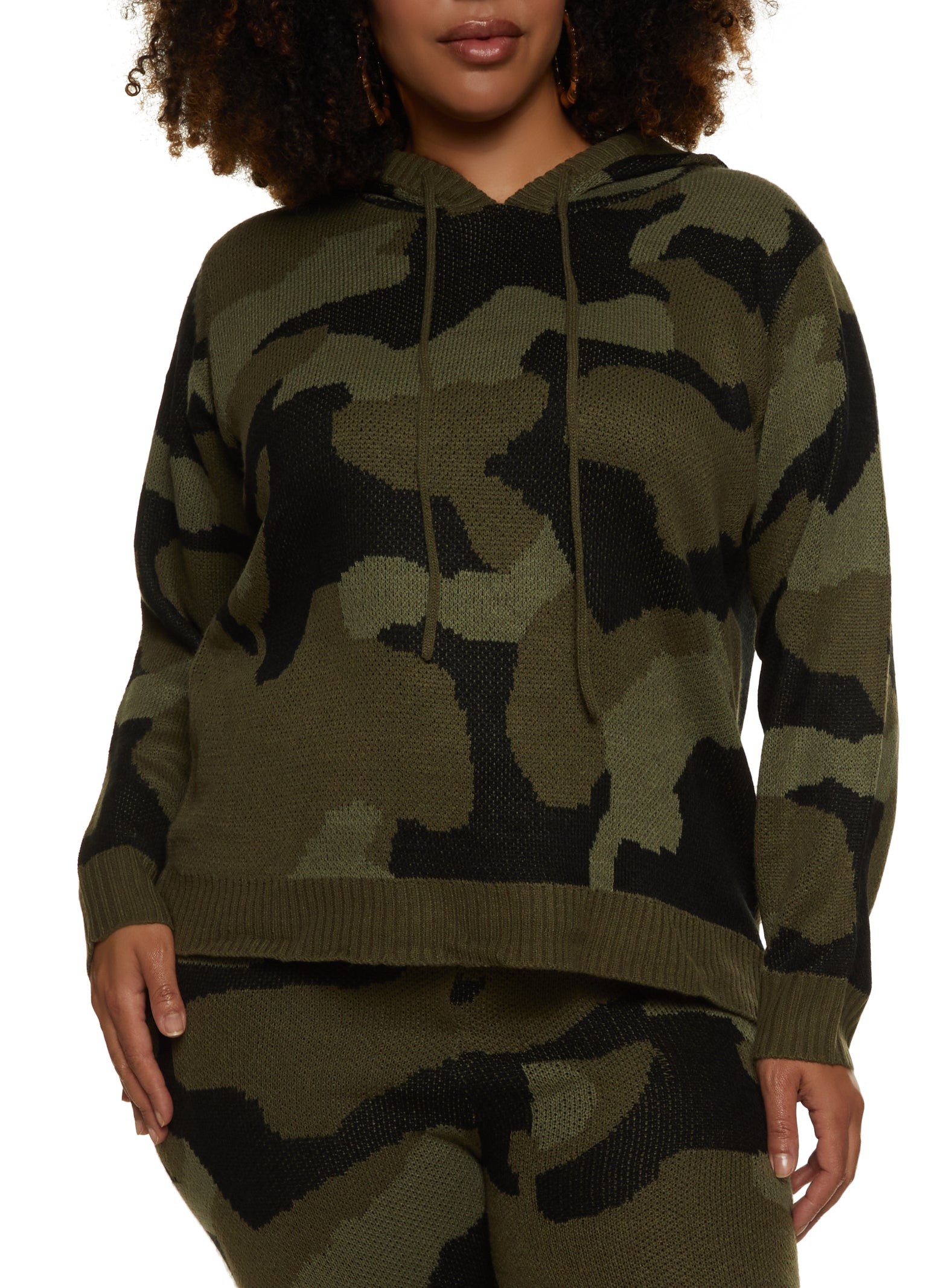 Plus Size Camo Knit Pullover Hoodie