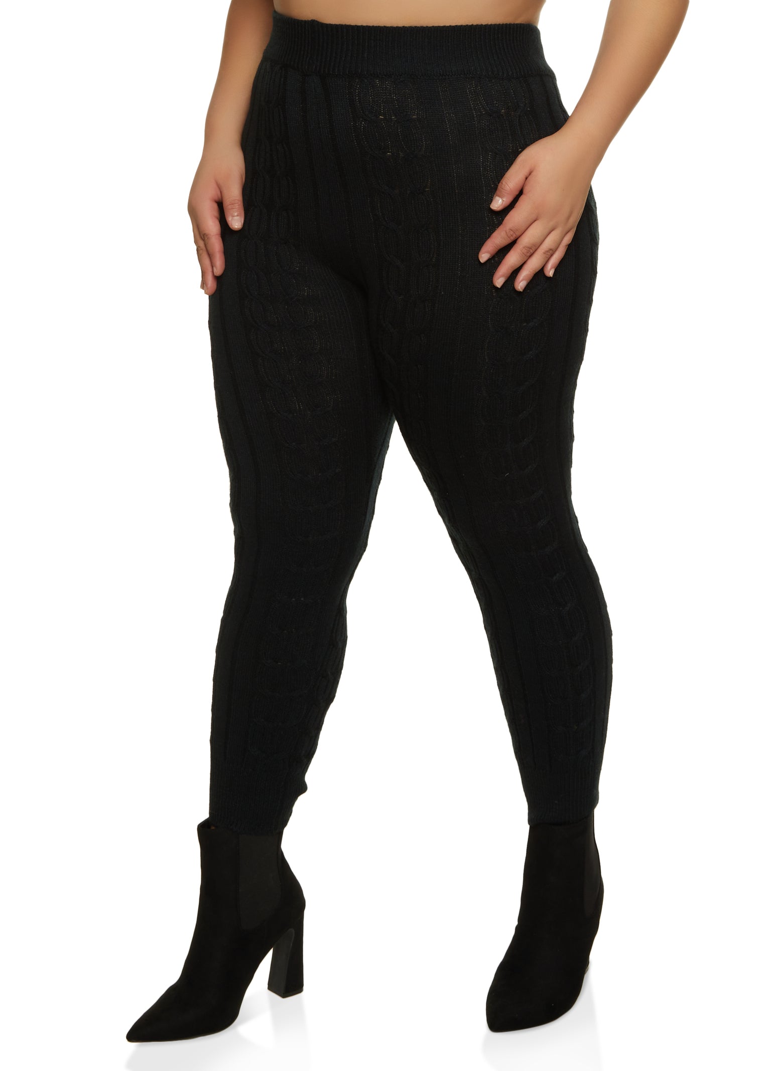 Plus Size Cable Knit High Waist Leggings - Black