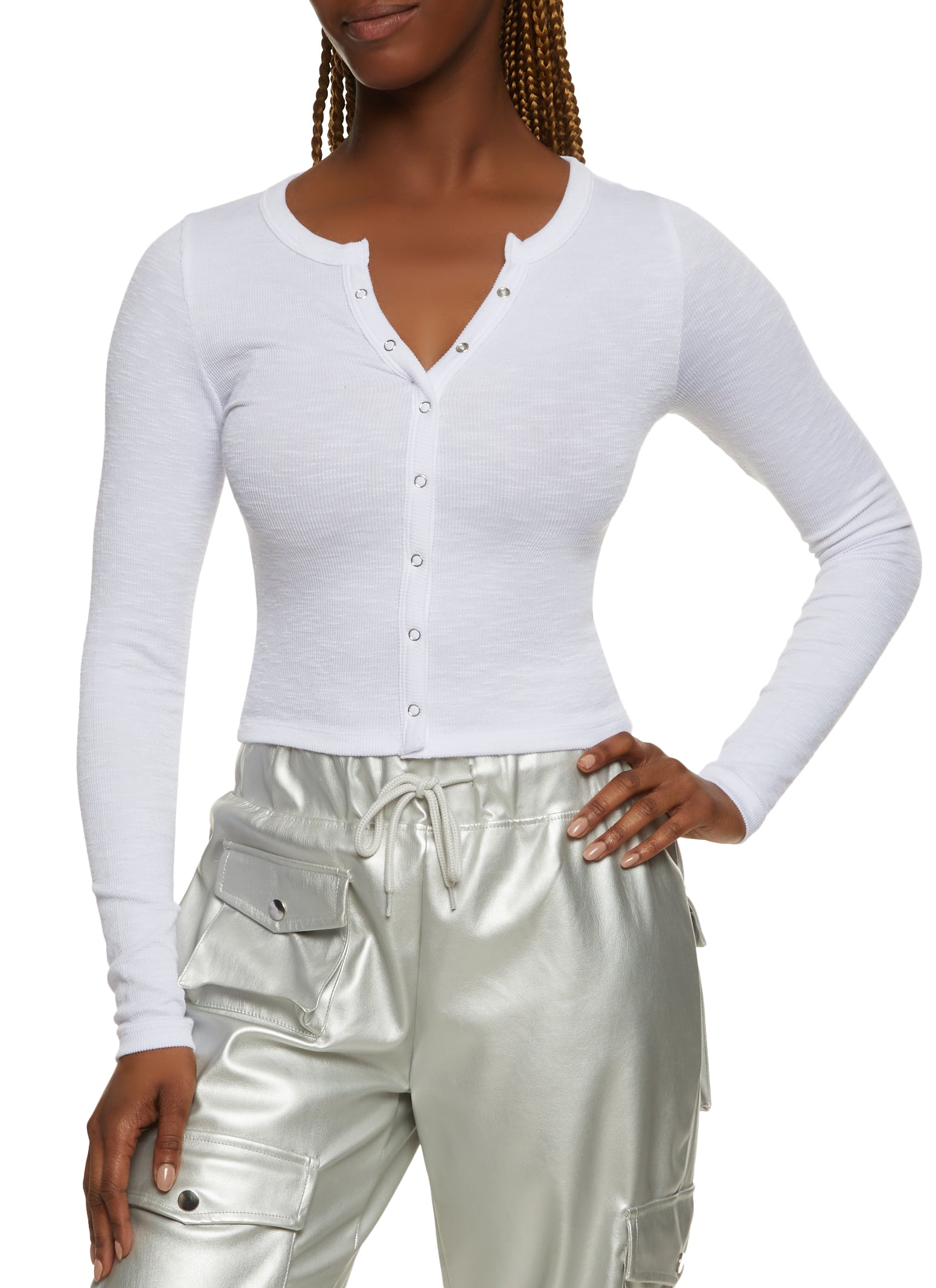 white long sleeve button crop top