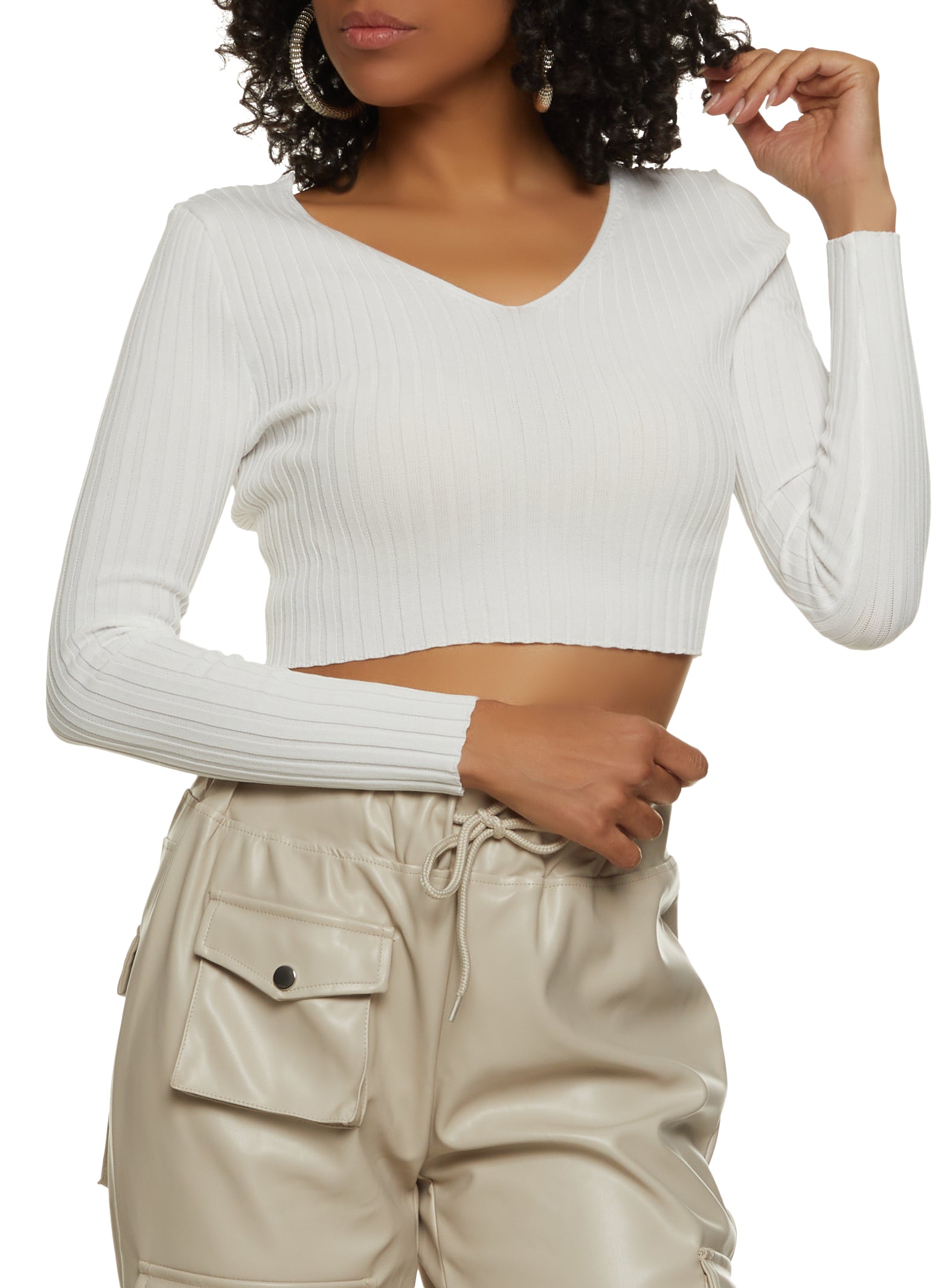 Double V Neck Ribbed Knit Long Sleeve Crop Top