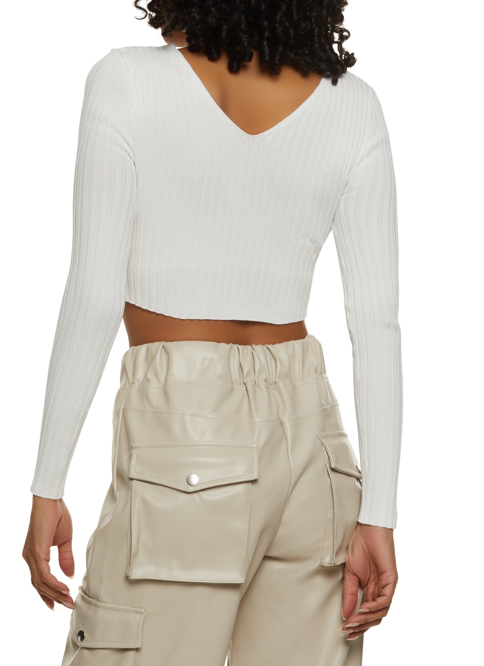 Double V Neck Ribbed Knit Long Sleeve Crop Top - Ivory