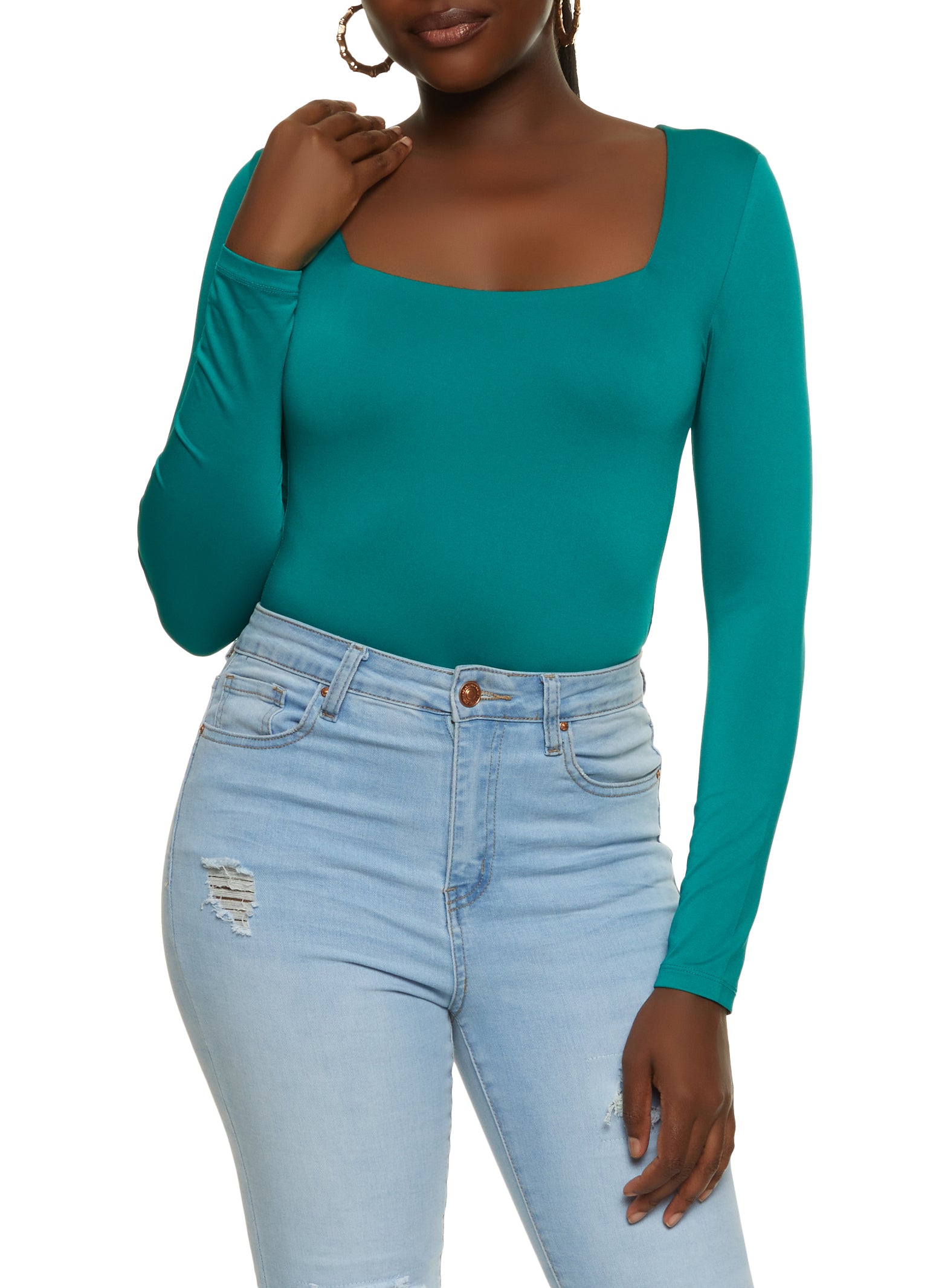 Seamless Double Layered Square Neck Bodysuit - Turquoise
