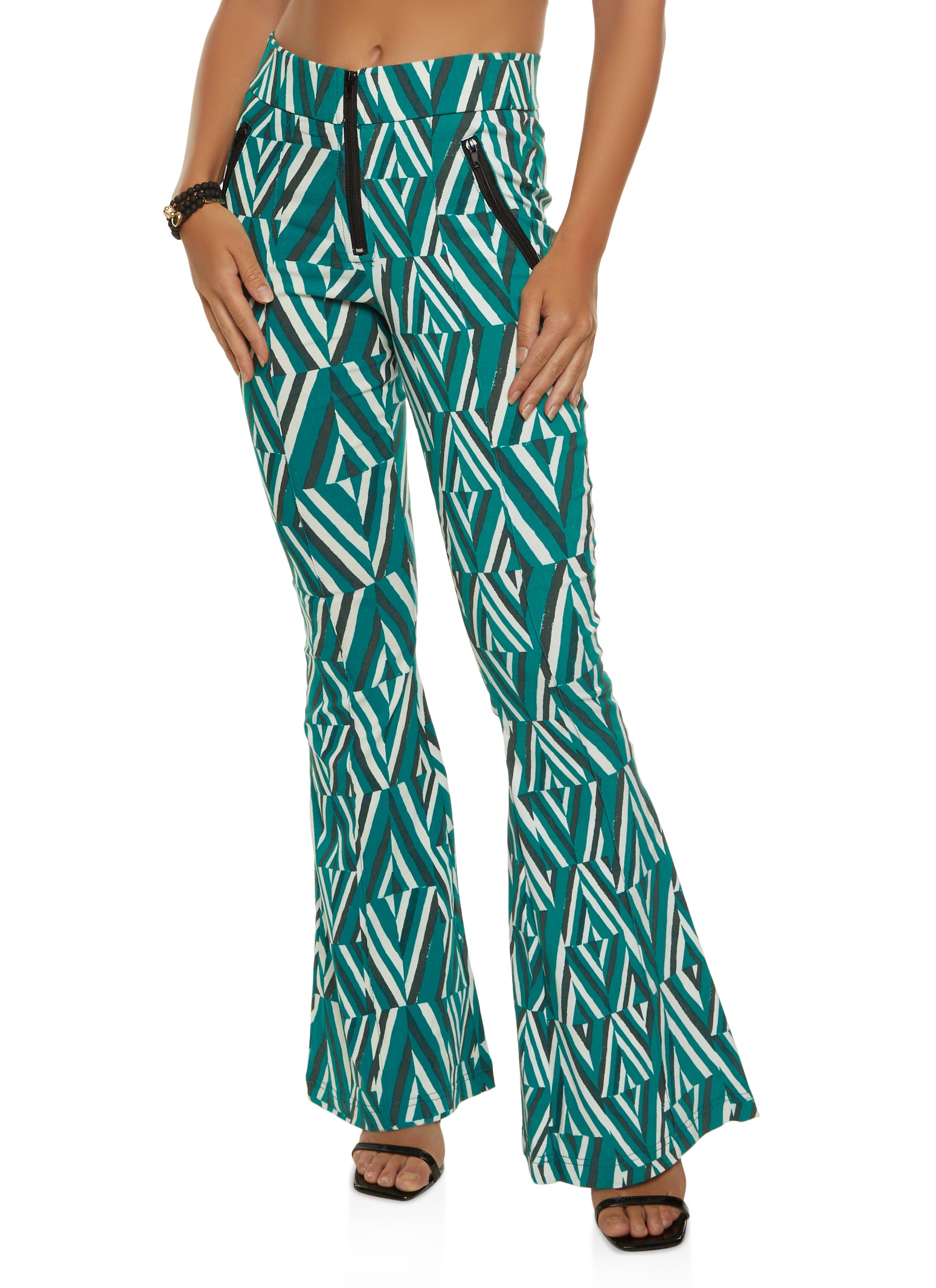 Patterned Zip Trim Pintuck Flared Pants
