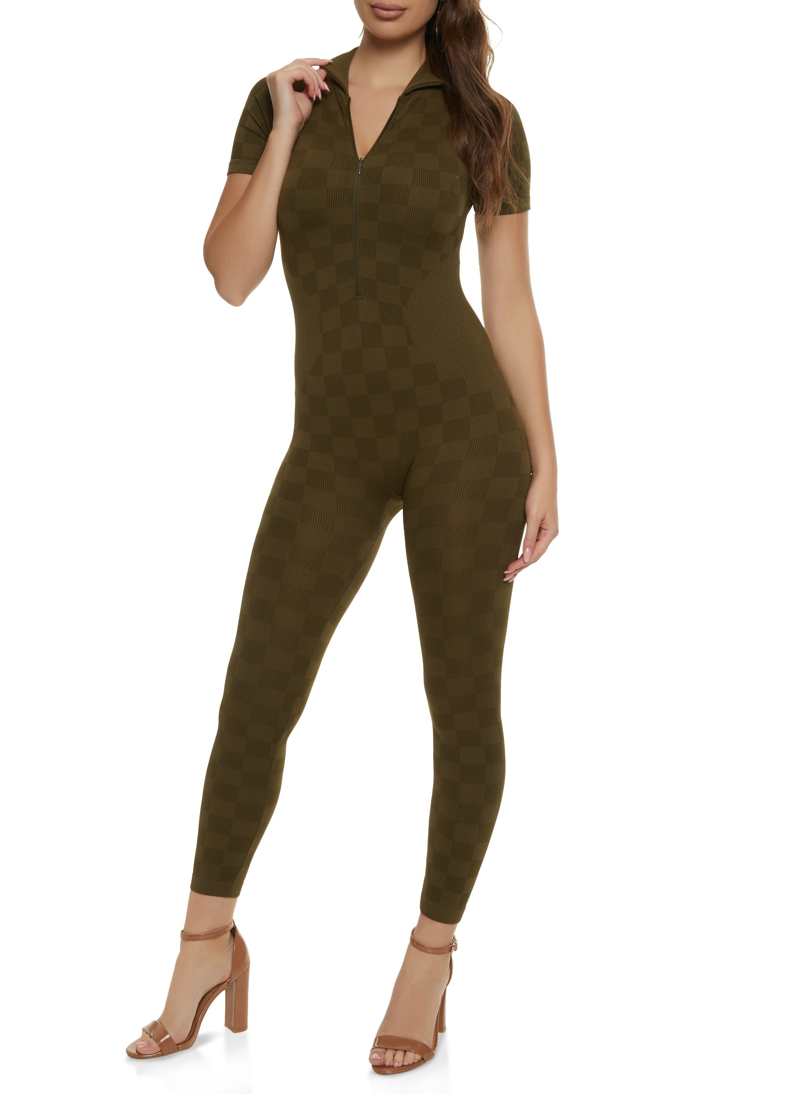 Checkered Seamless Zip Front Jumpsuit - Olive