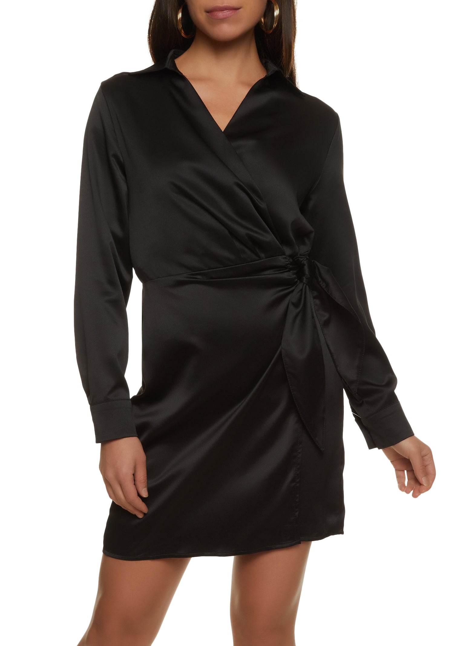 Satin Tie Side Long Sleeve Mini Wrap Dress