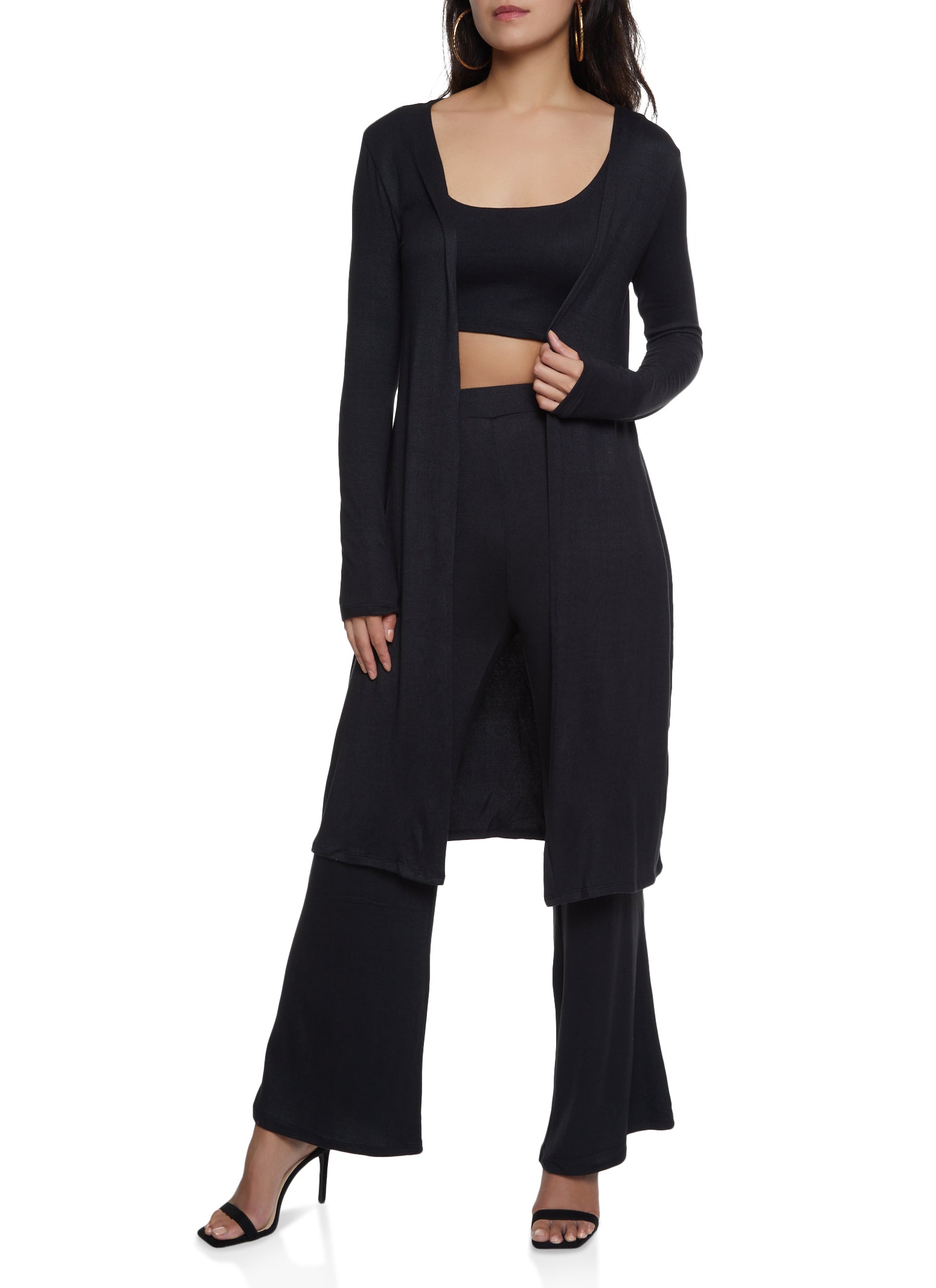 Solid Duster with Crop Top and Pants - Black
