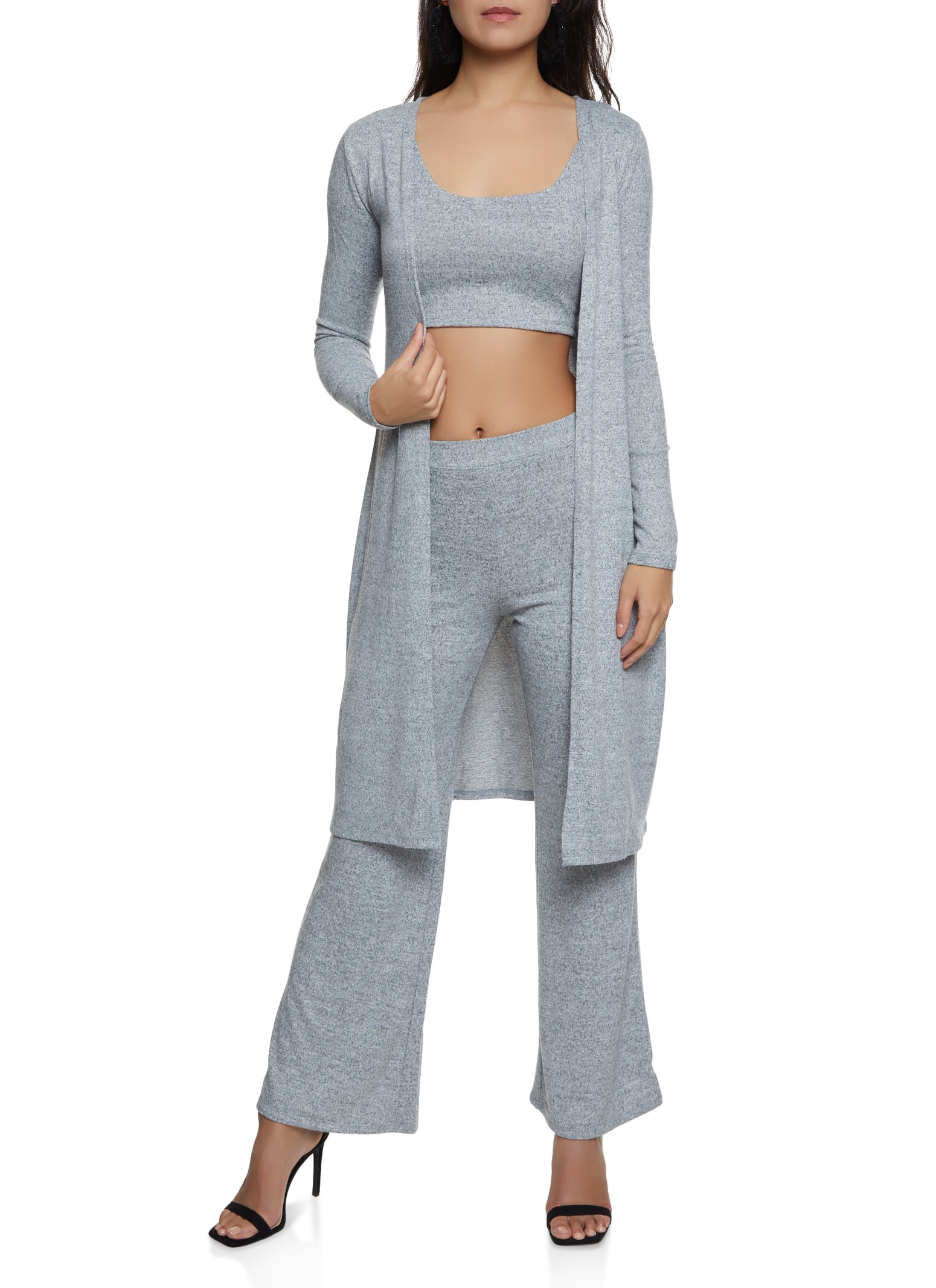 Solid Duster with Crop Top and Pants - Heather