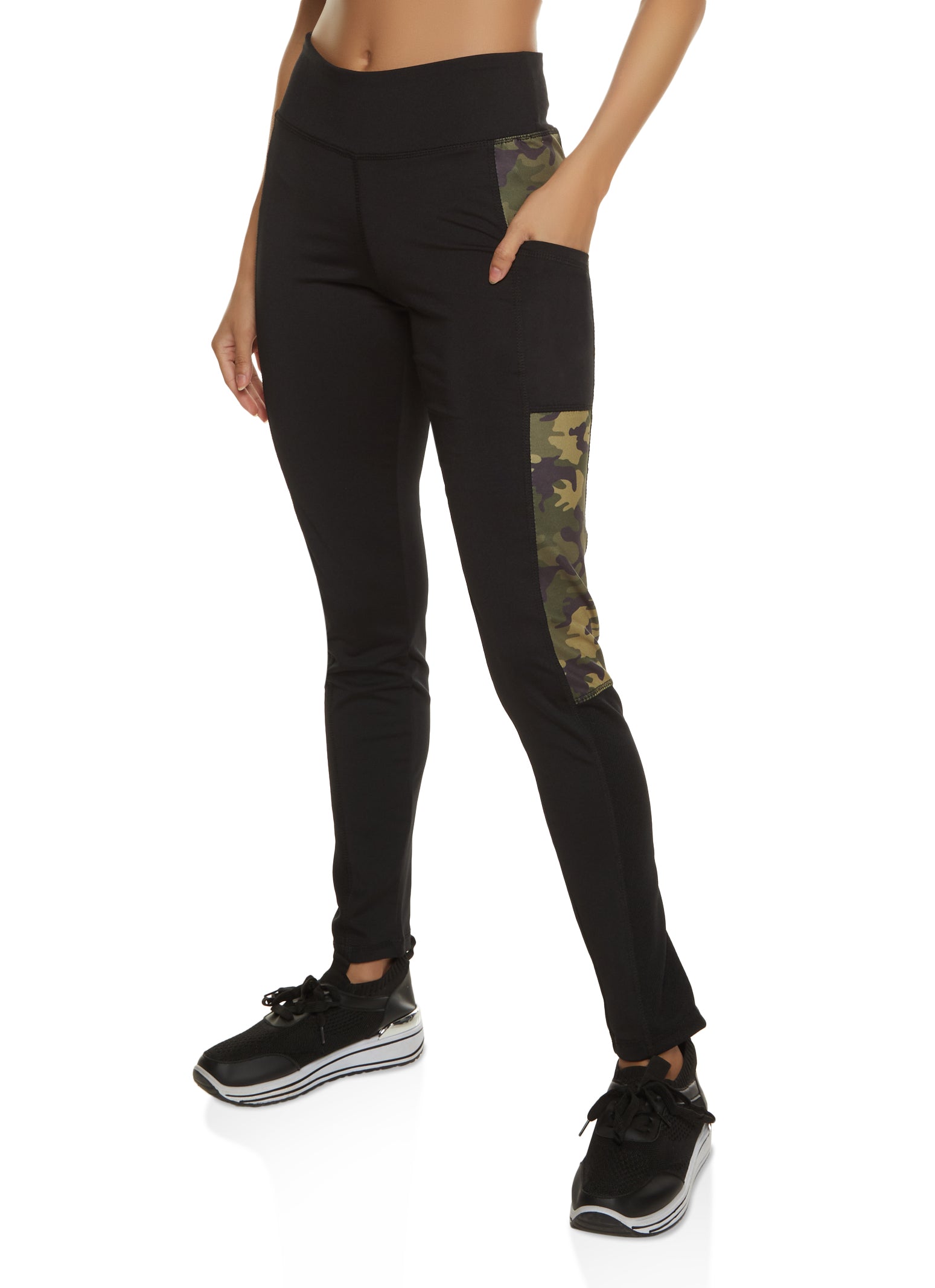 Camo Color Block Cell Phone Pocket Leggings - Black