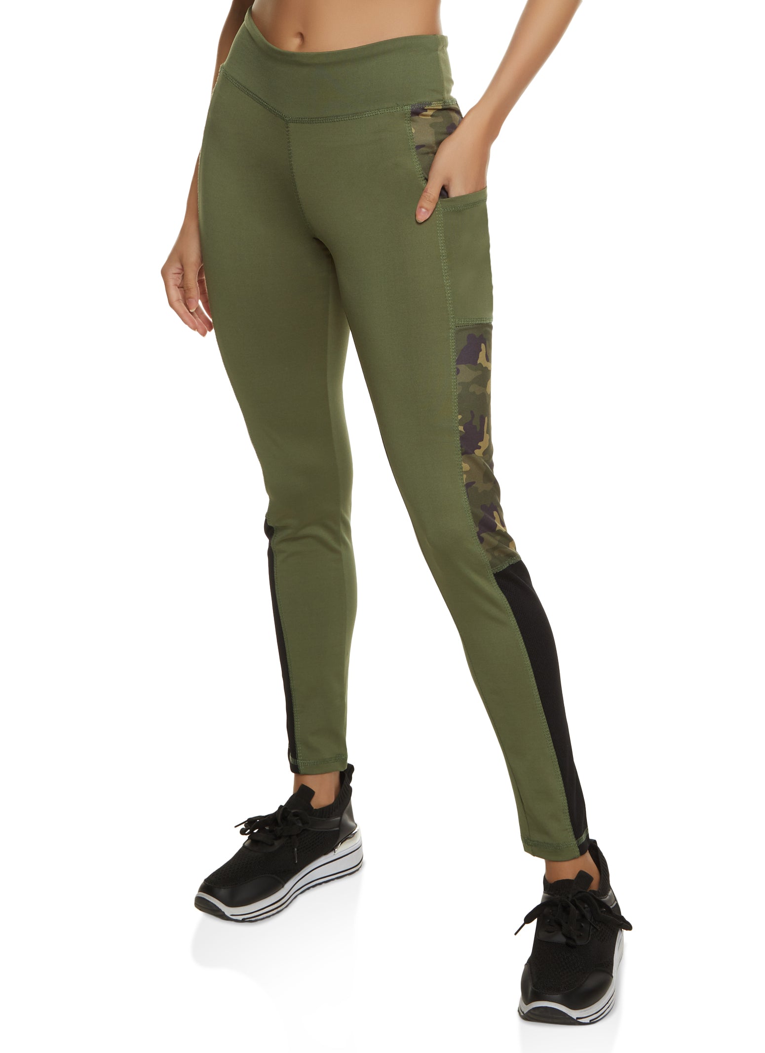Camo Color Block Cell Phone Pocket Leggings - Olive