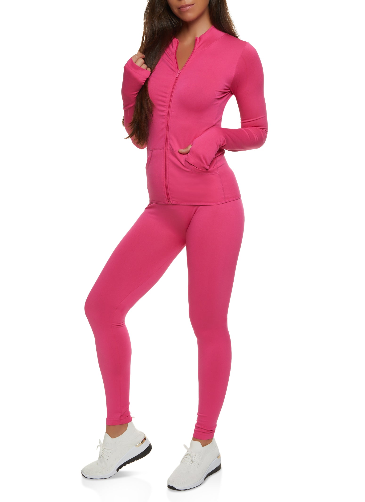 Seamless Solid Track Jacket and Leggings Set - Pink