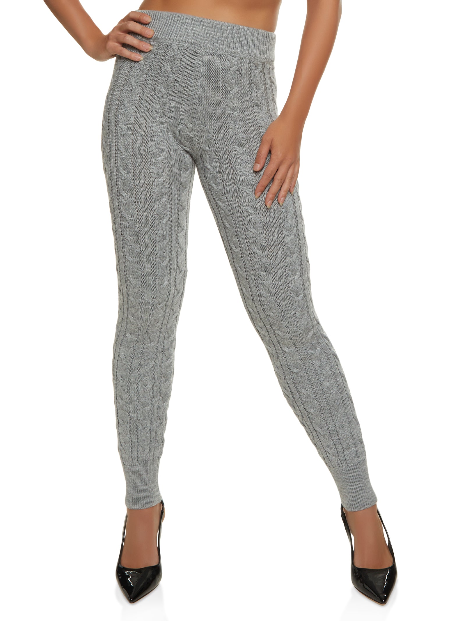 Cable Knit High Waist Leggings - Heather