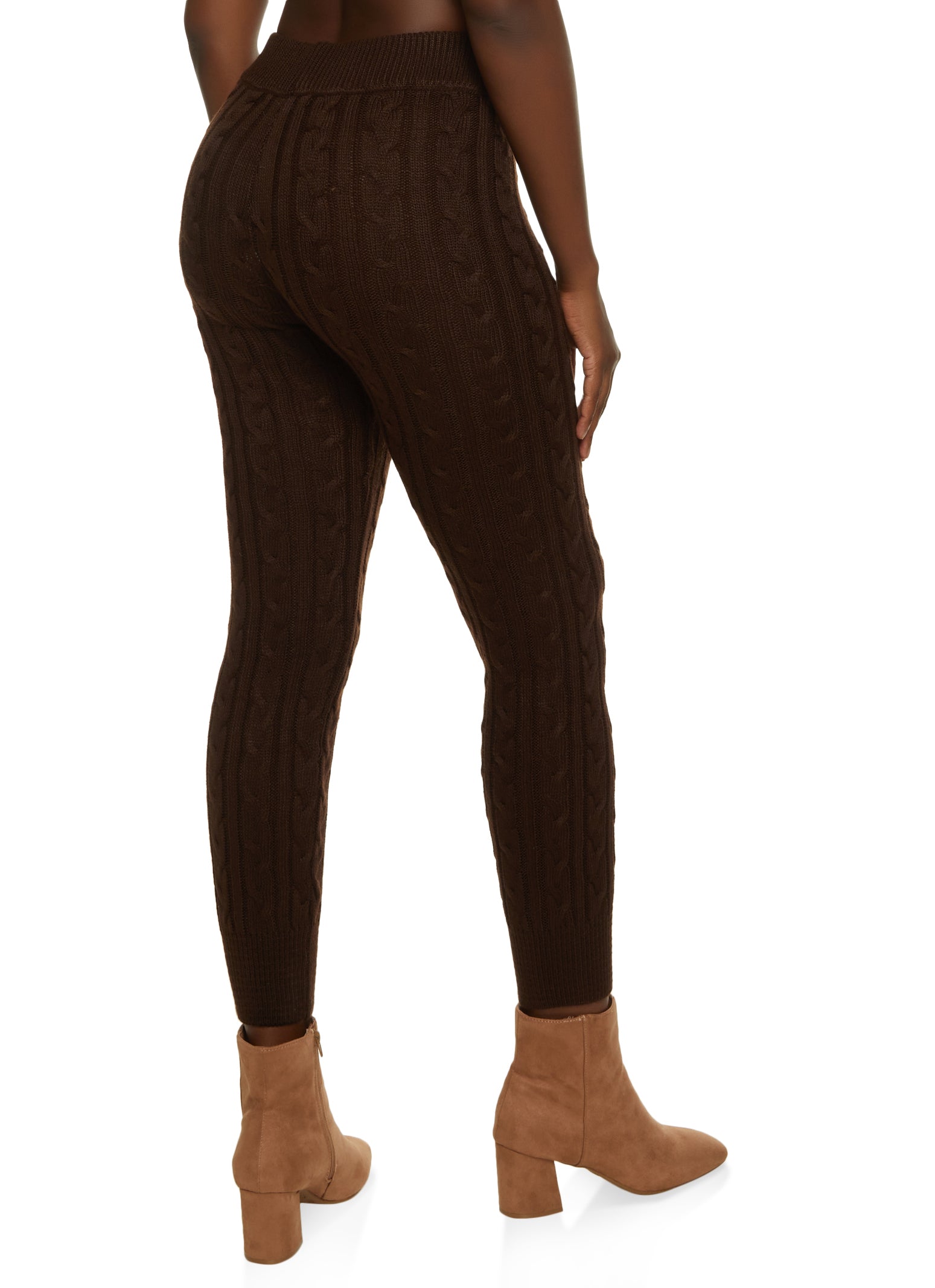 Cable Knit High Waist Leggings - Brown