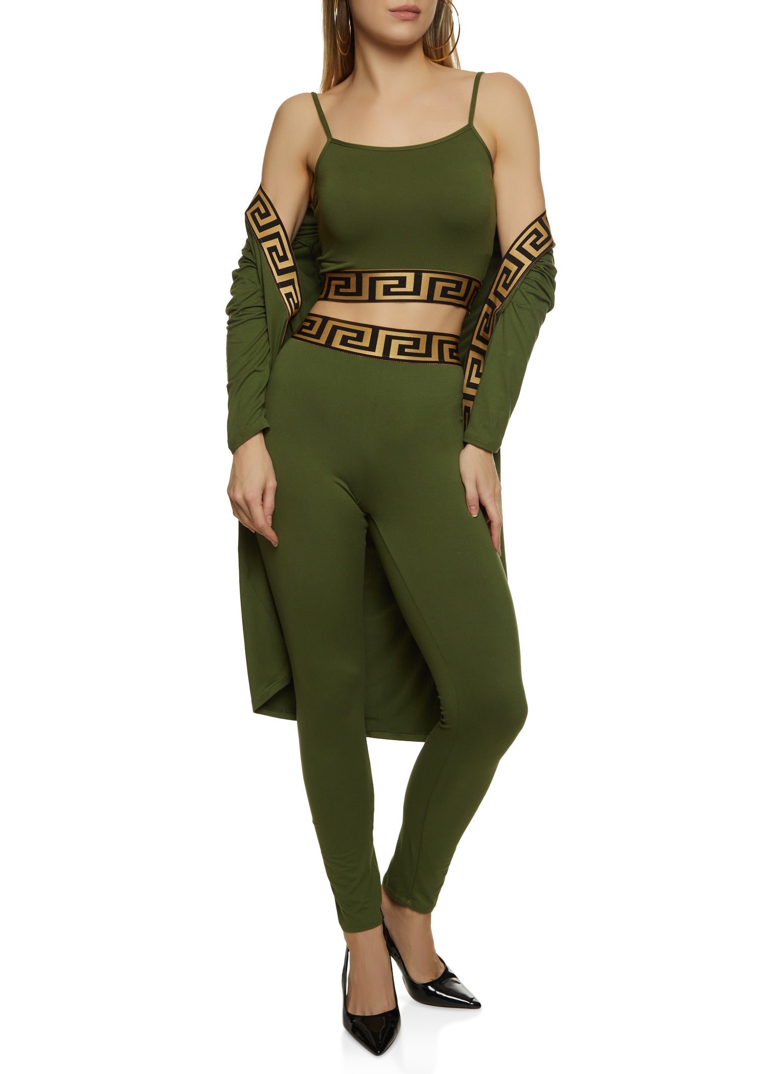 Geometric Trim Duster and Cropped Cami with Leggings Set - Olive