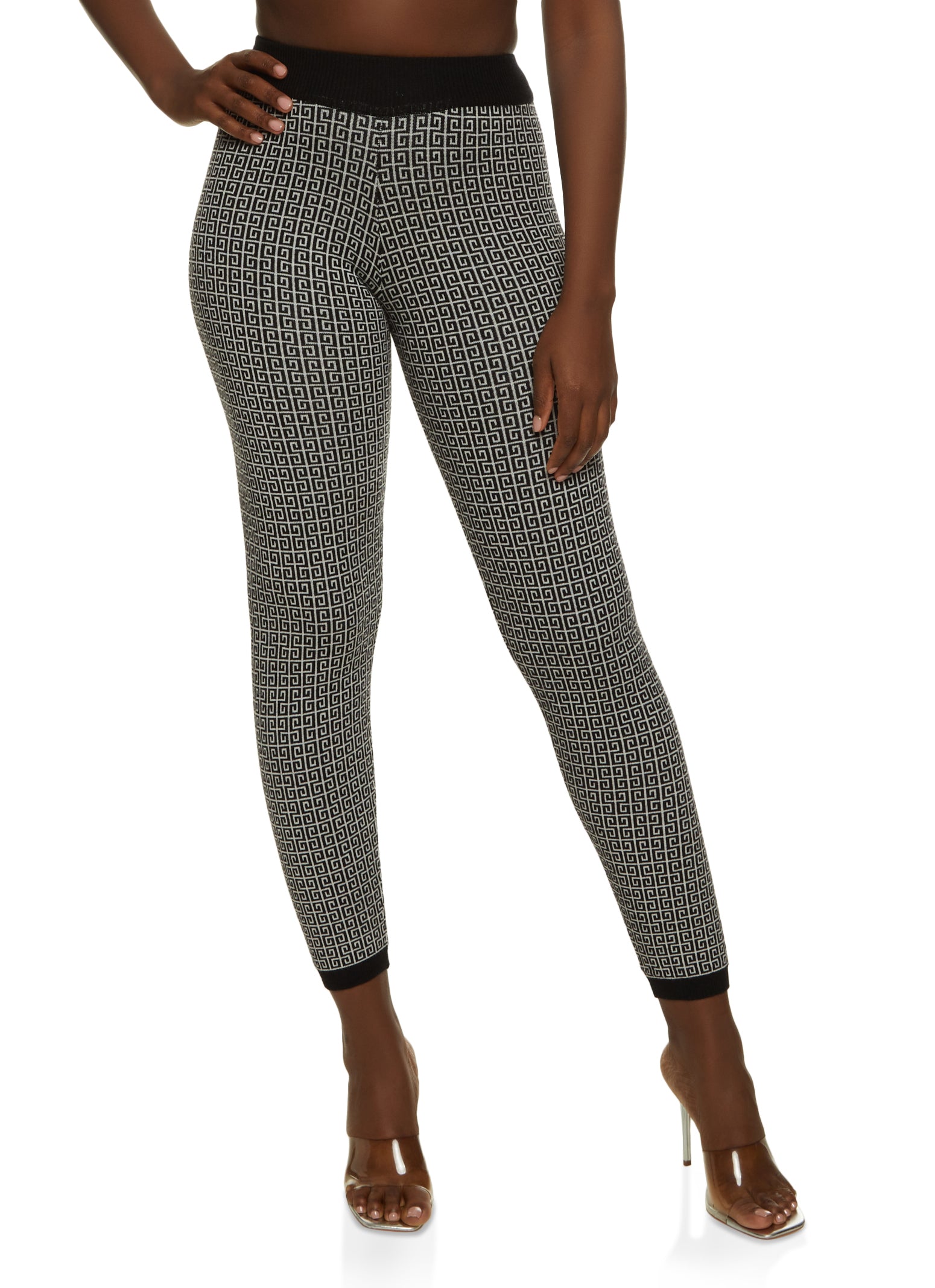 Printed Rib Knit Leggings - Black/white