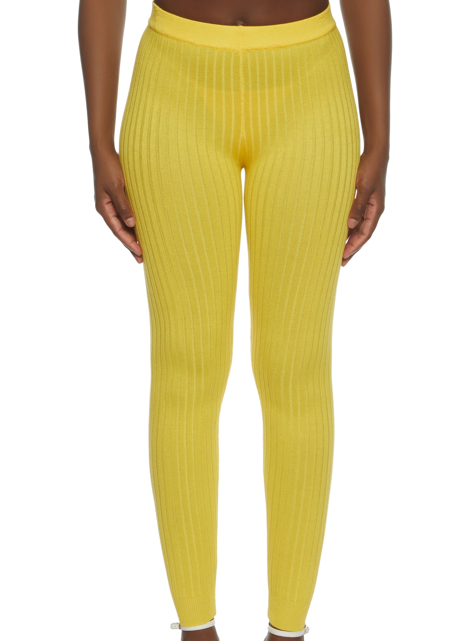 Basic Ribbed Knit Leggings - Yellow