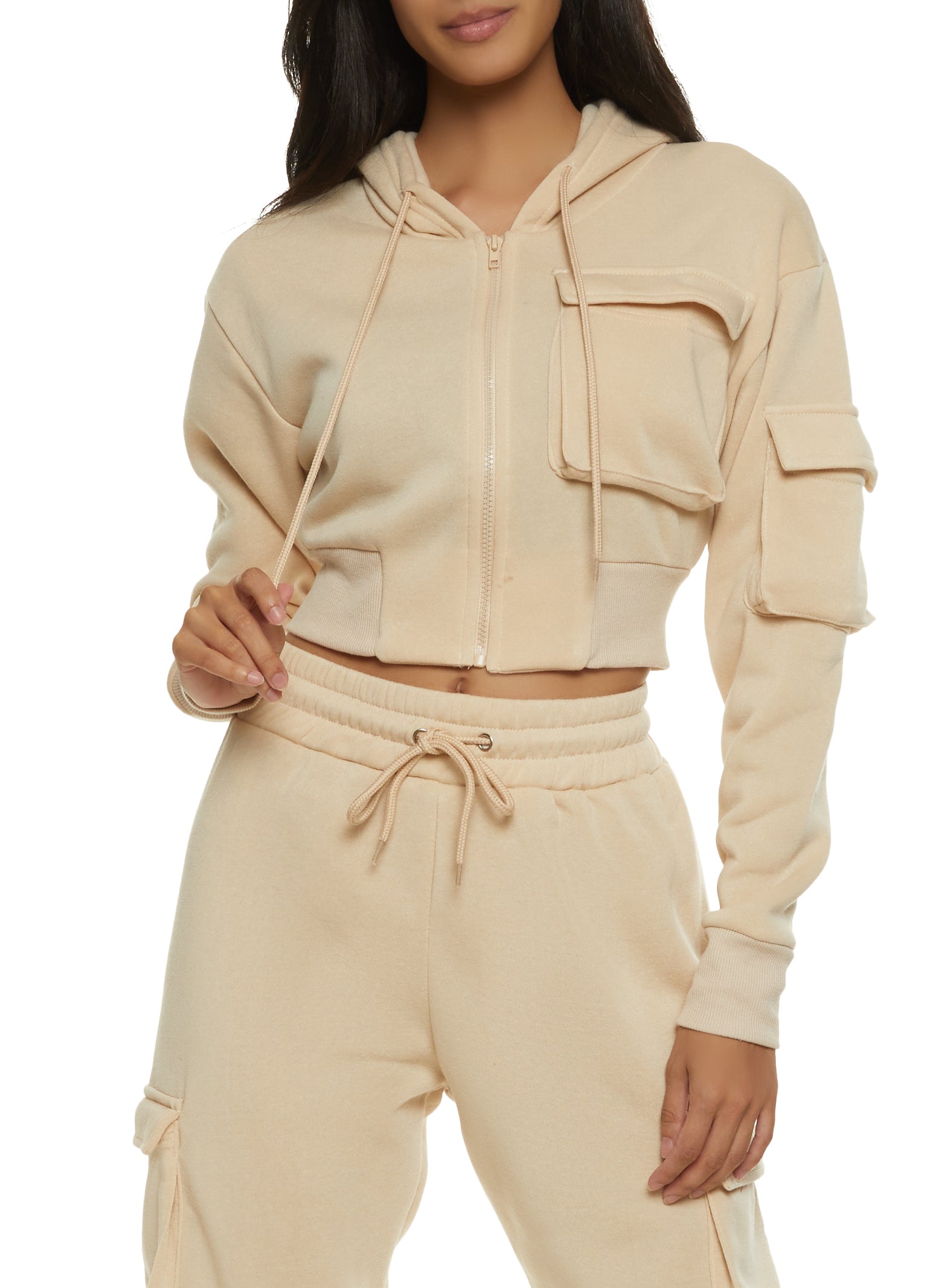 Solid Cargo Pocket Cropped Hoodie