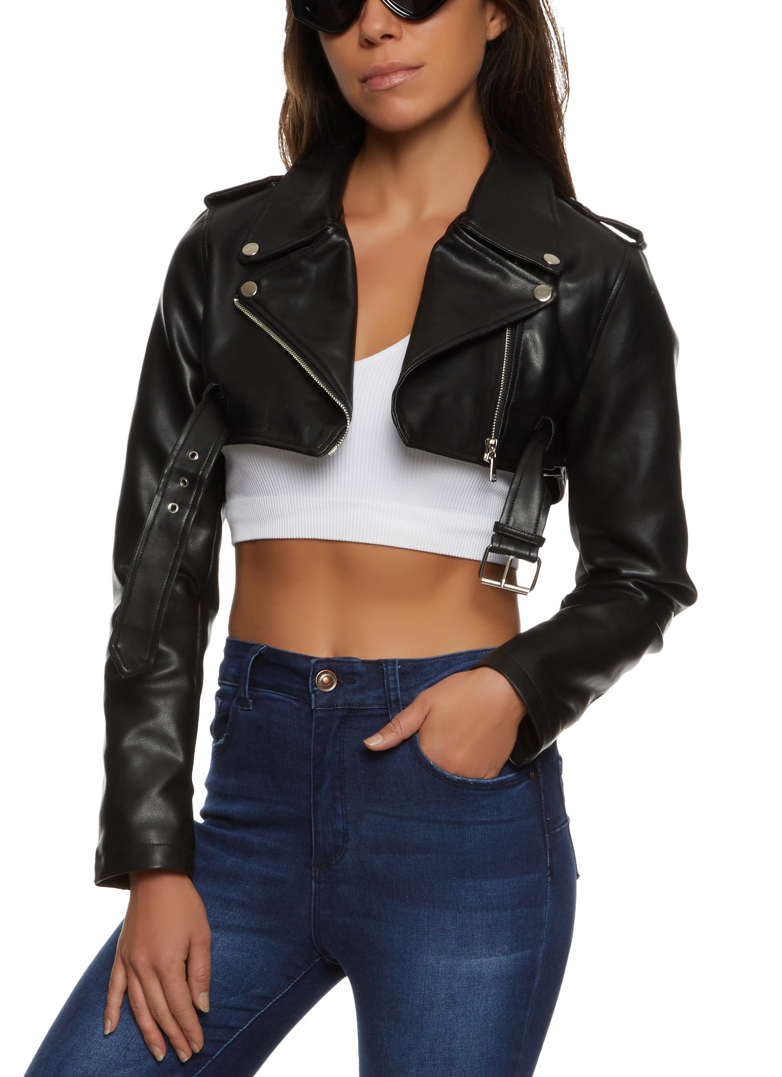 Faux Leather Cropped Moto Jacket - Black