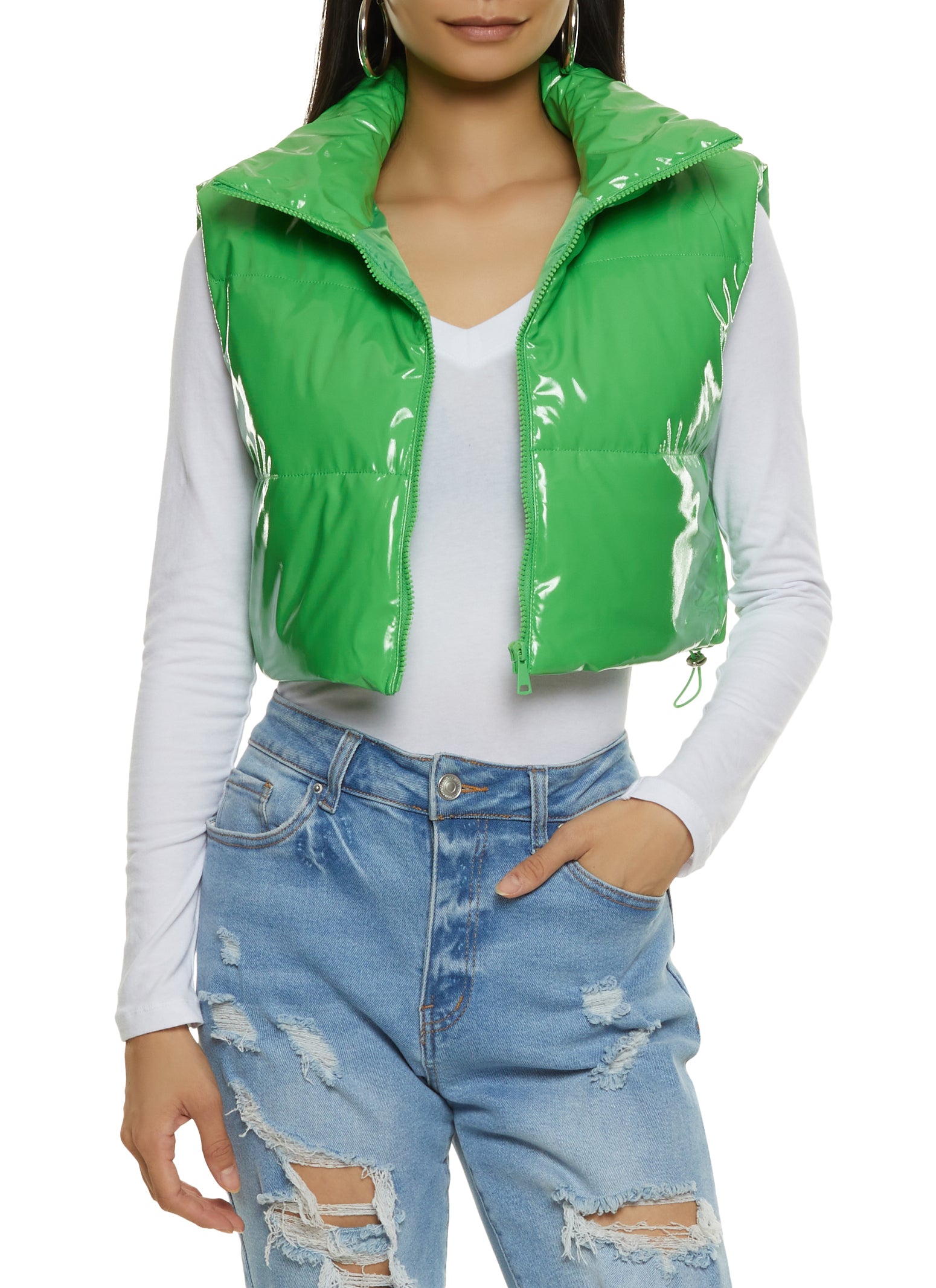 Faux Patent Leather Cropped Puffer Vest