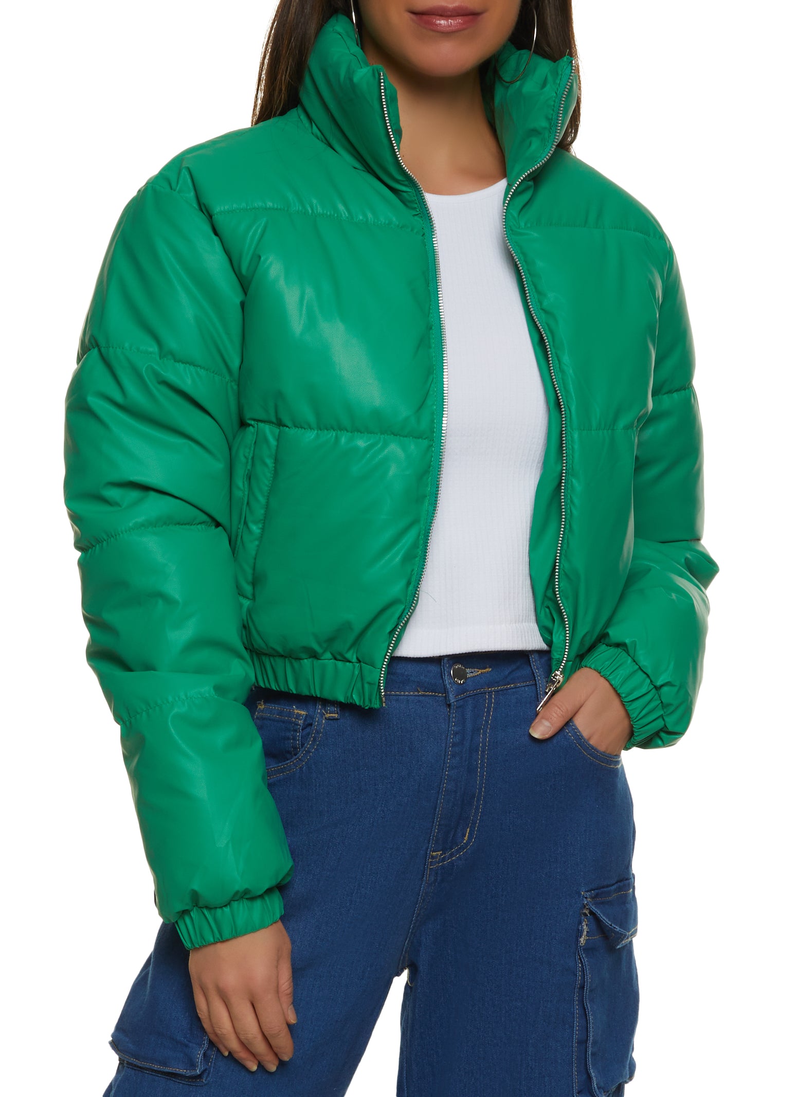 Faux Leather Zip Front Cropped Puffer Jacket