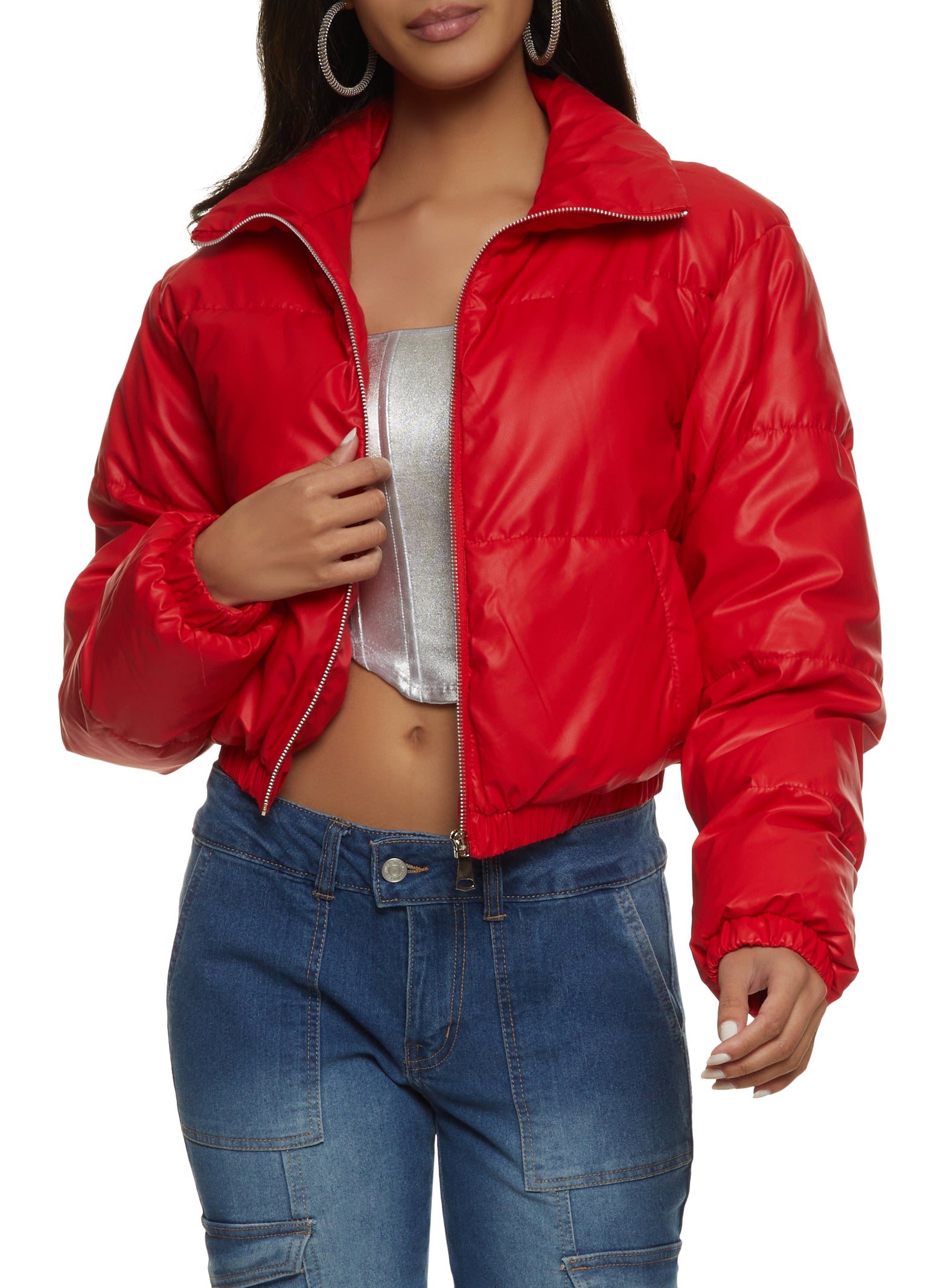 Faux Leather Zip Front Cropped Puffer Jacket