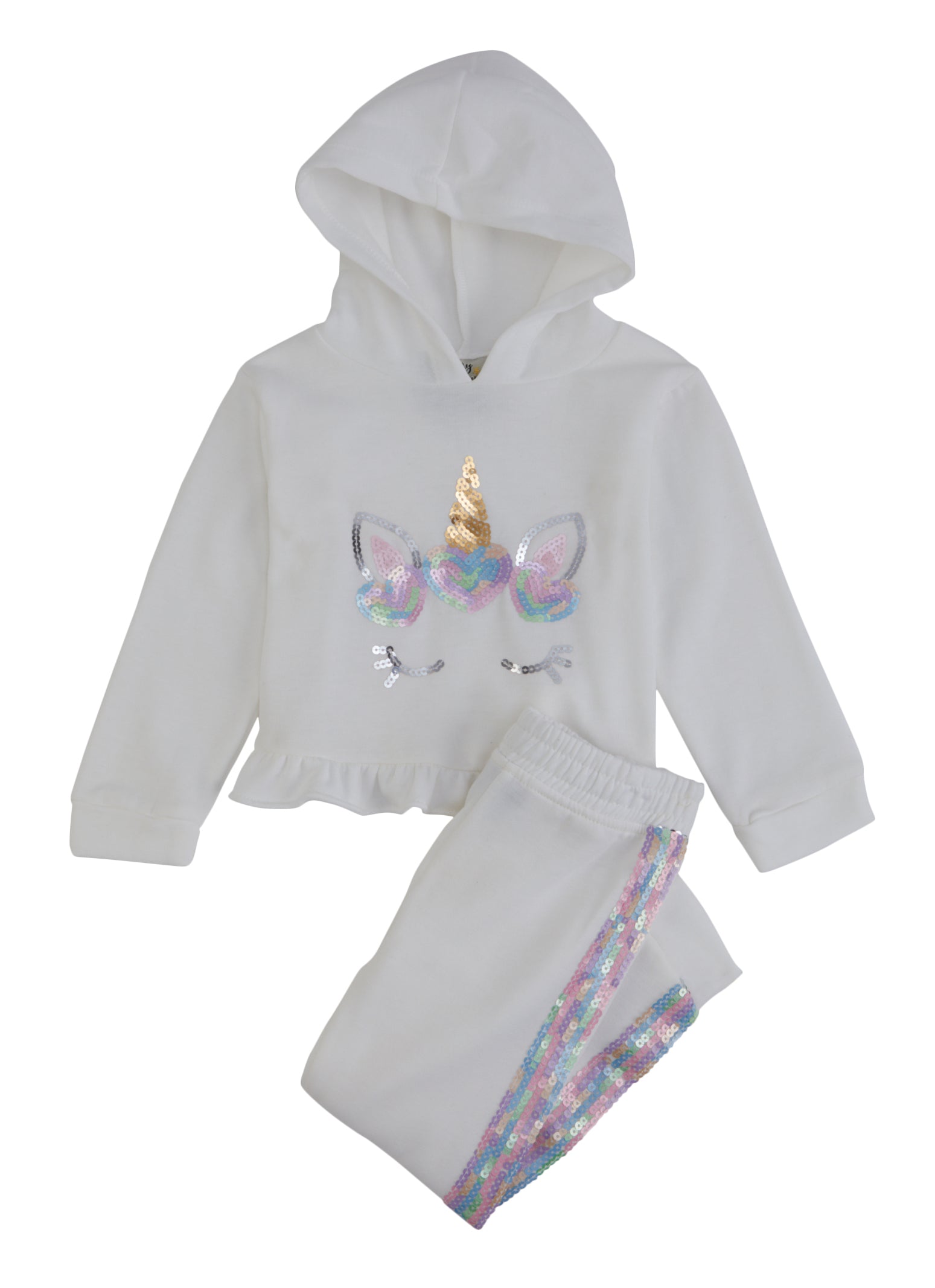 Toddler Girls Ruffled Trim Sequin Hoodie and Joggers